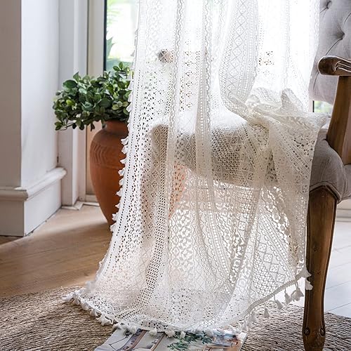 Miniatura 13 de Cortinas de encaje con crochet de 102 pulgadas de largo, con privacidad, no transparentes, con borde de borla, con bolsillo para barra, tratamientos