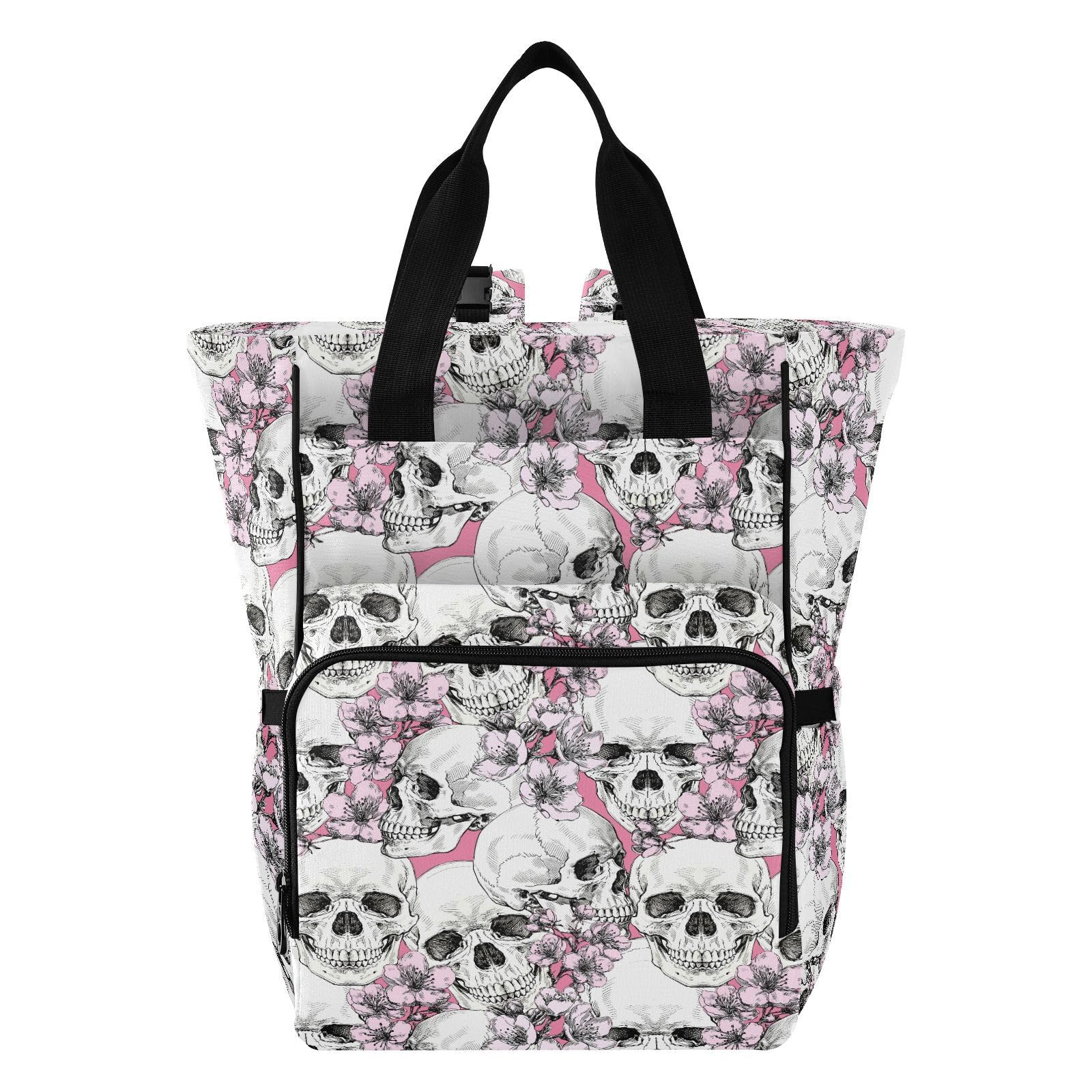 MNSRUU Diaper Bag Pink Floral Skull Diaper Bag Backpack Multifunction Travel Diaper Bag Tote Large Capacity Diaper Changing Backpacks for Moms Dads
