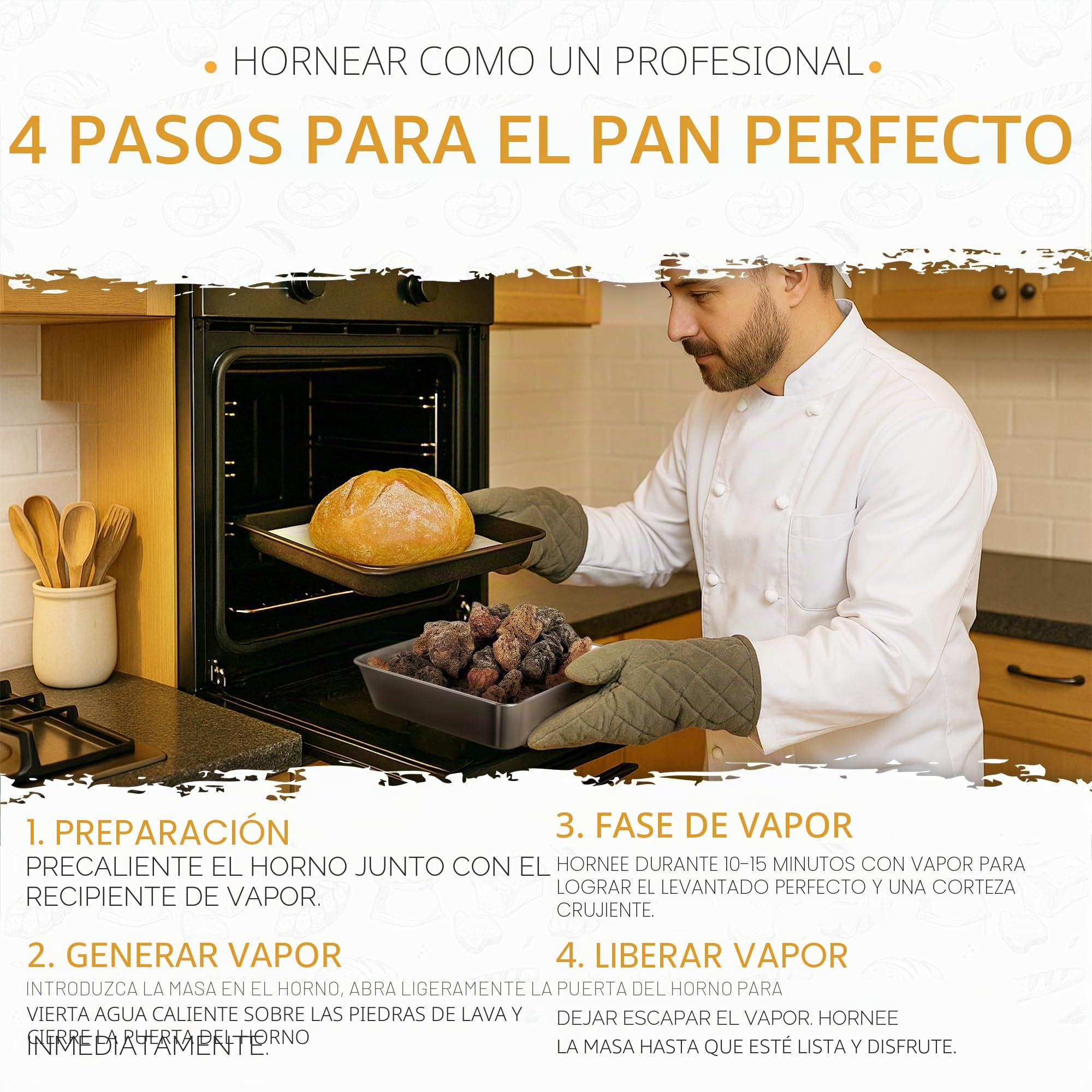 KRUSTENZAUBER Piedras de lava para hornear pan, incluye cuenco de vapor de acero inoxidable para una distribución óptima del calor gracias al vapor de agua natural, accesorios para pan crujiente