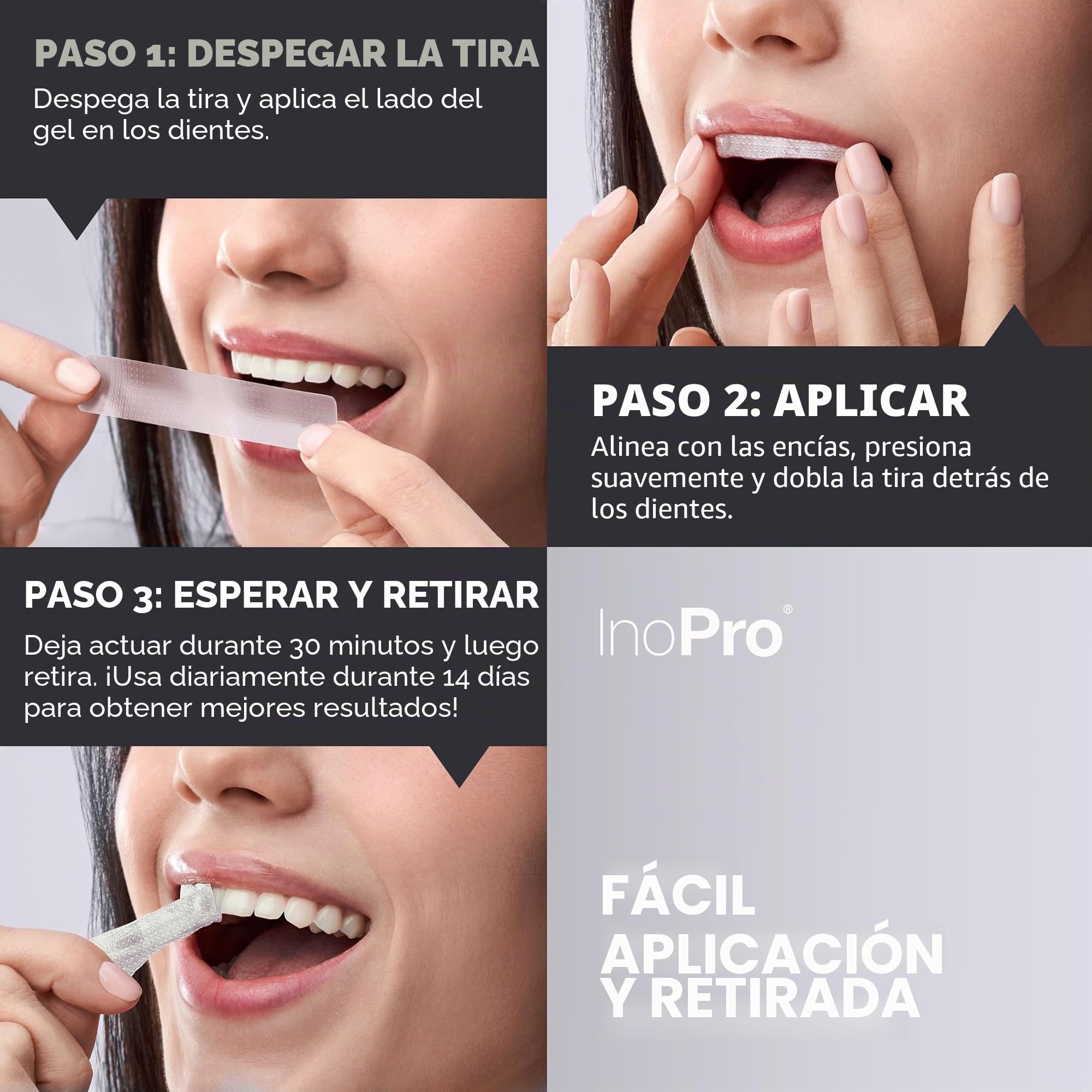 InoPro - Juego de tiras blanqueadoras para dientes naturales, 14 tratamientos: blanqueamiento para dientes sensibles, sin peróxido, bandas blancas que no dañan el esmalte, eliminación de manchas