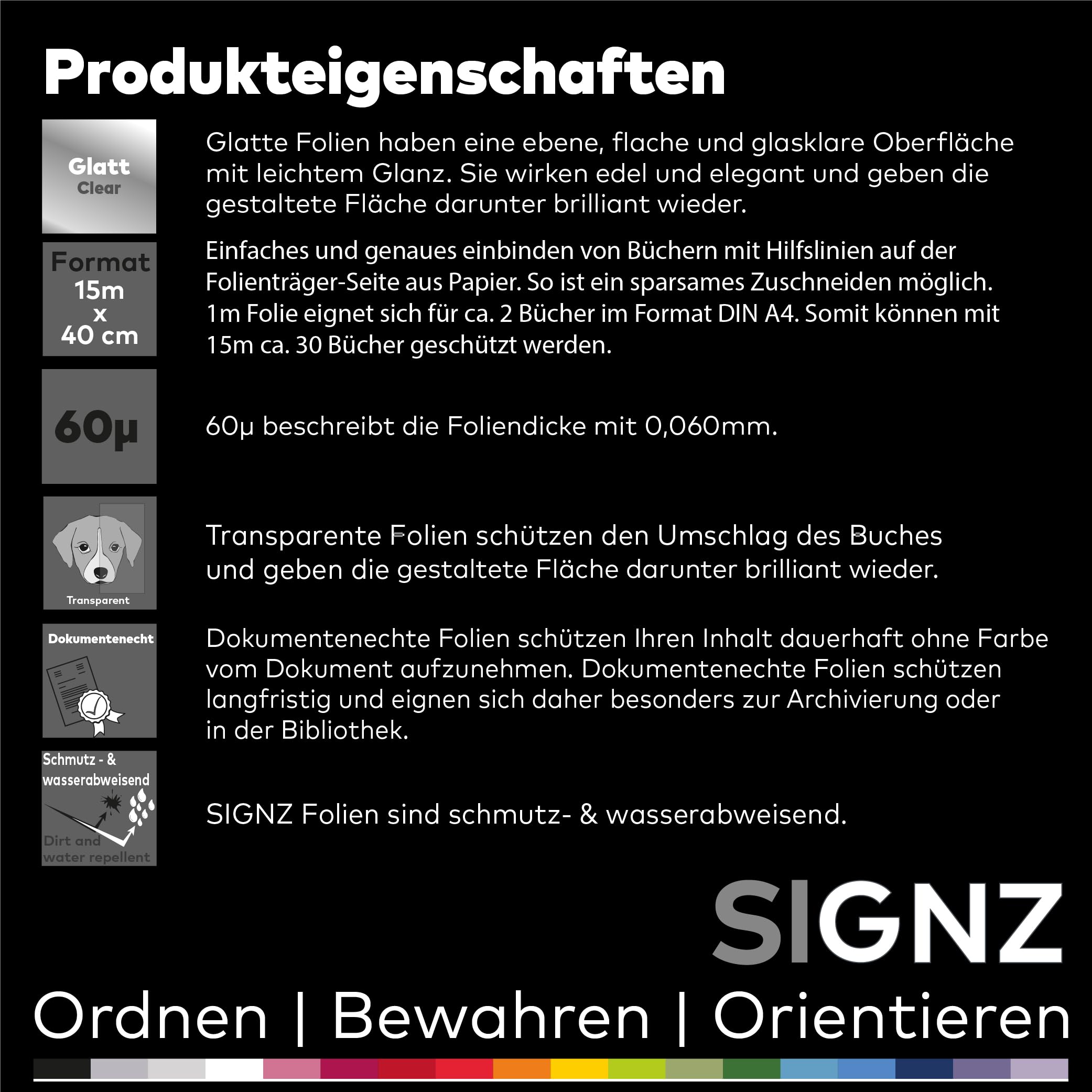 SIGNZ Film de protection autocollant transparent, 15 m x 40 cm, épaisseur 60 my (0,06 mm), transparent, neutre en CO2, fabriqué en Allemagne