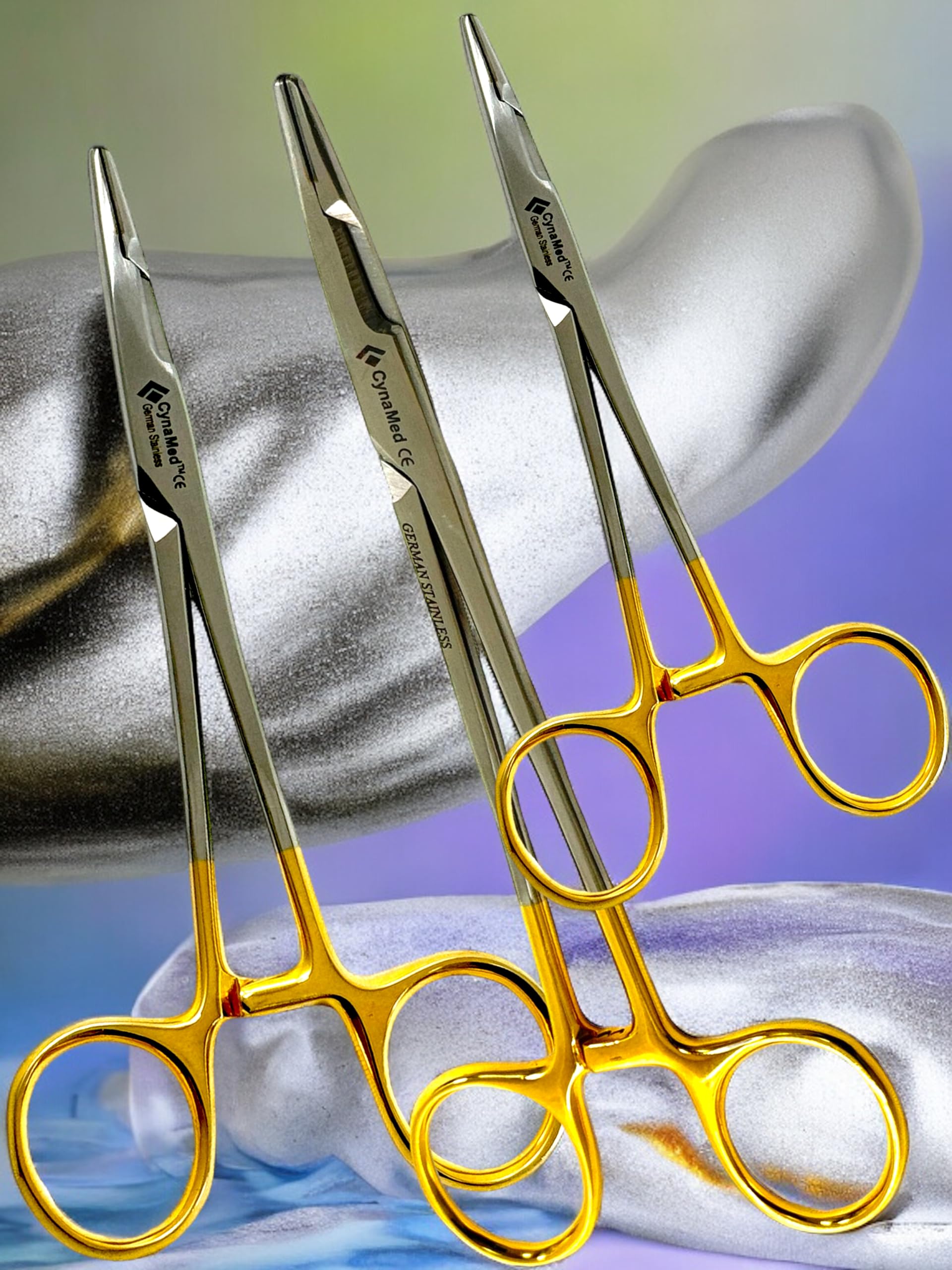 artlabPack of 3 - Olsen Hegar Needle Holder 5" + 6" + 7" with Tungsten Carbide Inserts and Gold Handle - German Stainless CE - Artlab