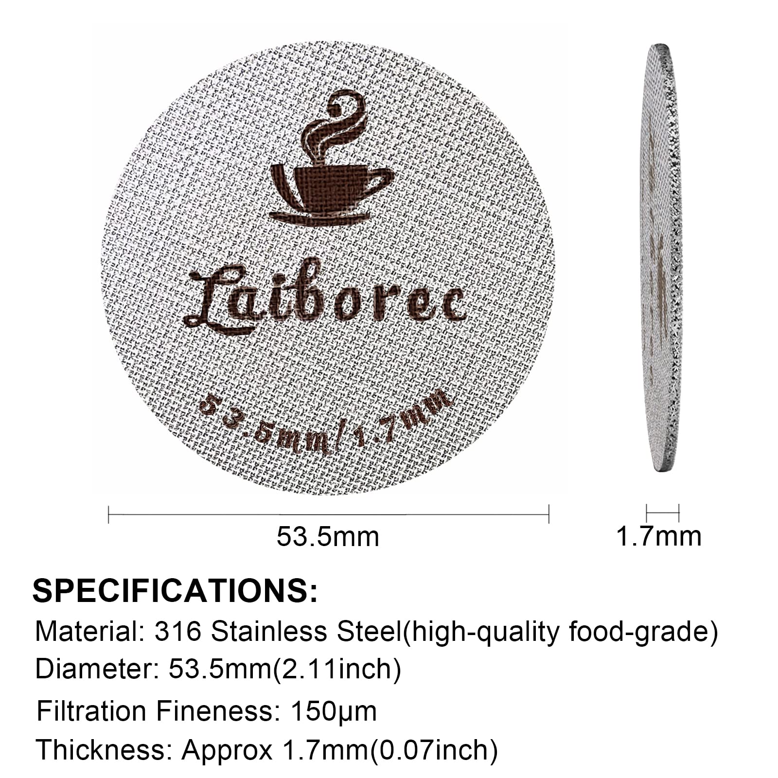Espresso Puck Screen 53,5 mm, Puck Screen 1,7 mm, spessore 150 um, riutilizzabile in acciaio inox 316, filtro per caffè sinterizzato