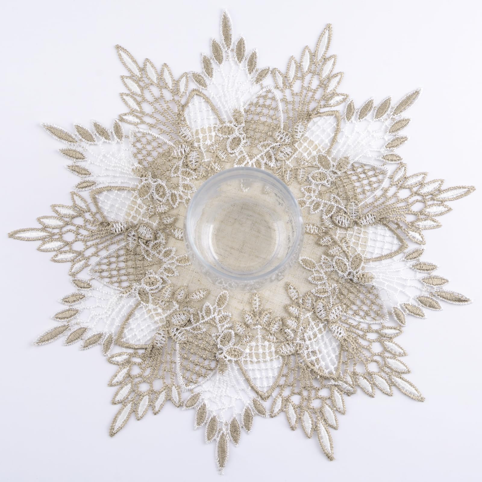 URROMA Linnen ronde Doily, 28 x 28 inch beige tafelkleed met kanten rand, salontafel topper tafeldecoratie tafelkleed voor eetkamer keuken (70 x 70 cm