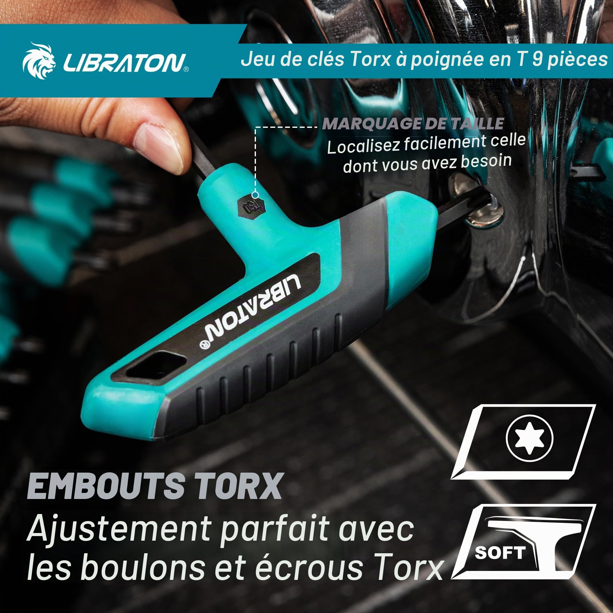 LIBRATON Jeu de Clés Torx à Poignée en T, Clé Torx à Étoile T10-T50, Conception à Deux Pointes, Adaptée Aux Vis Torx, Bricolage, Outil de Réparation de Vélo, 9 Pièces avec Support de Rangement