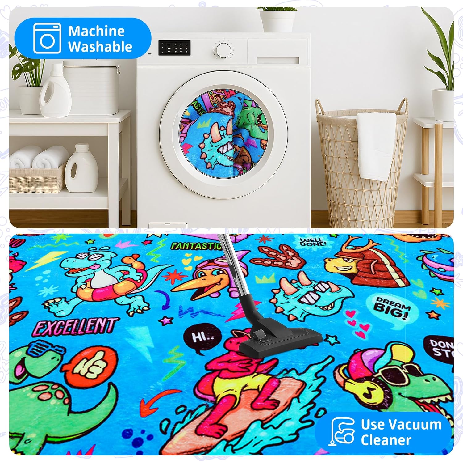 Dinosaur Graffiti Kids Rug 78.7"×59" Cozy Colorful Children's Play Mat with Words of Encouragement Cartoon Dinos Design Skin-Friendly Soft Play Rug Perfect for Bedroom Playroom Nursery Room Blue