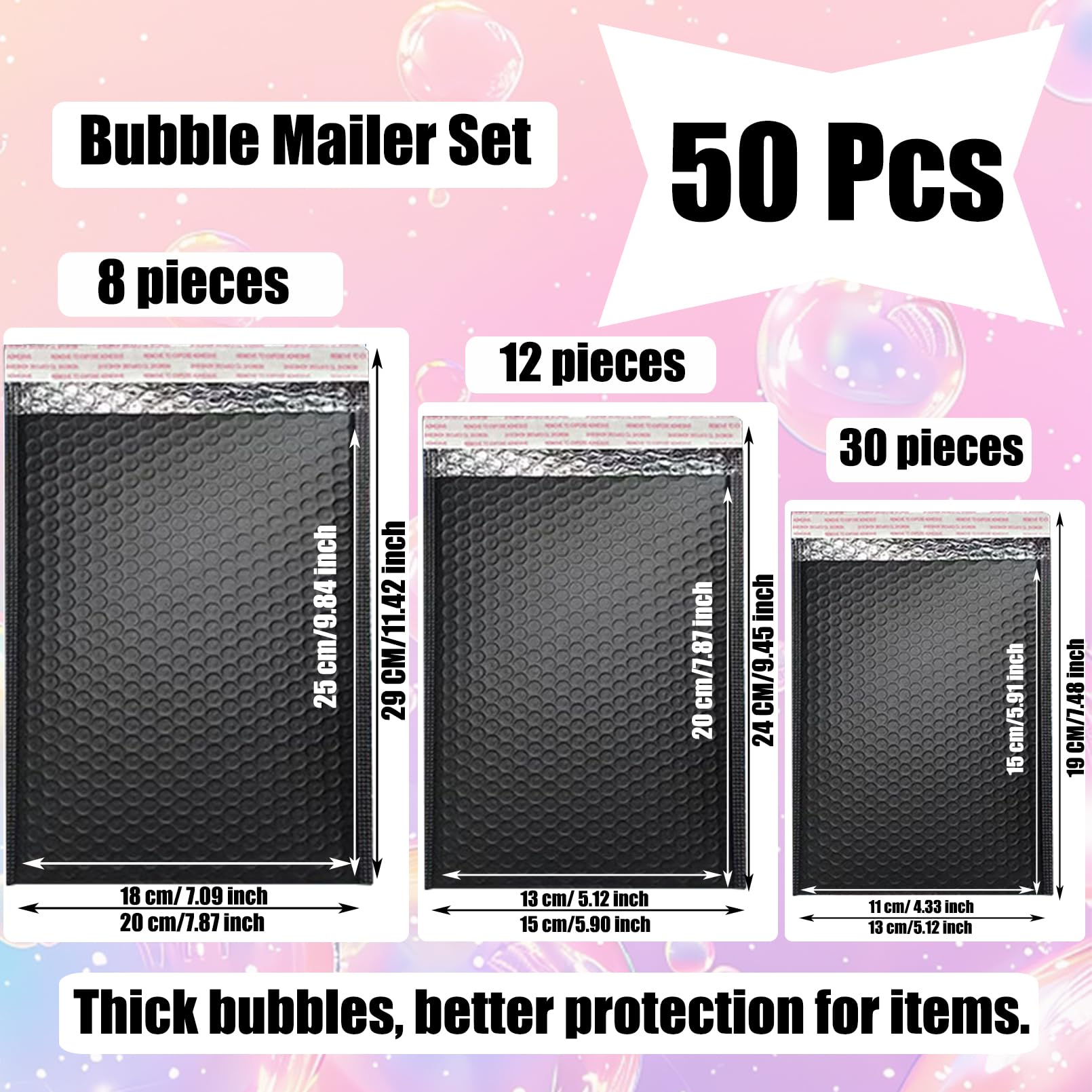 50 sobres de burbujas, sobres acolchados de polietileno negro, bolsas de envío impermeables, sobres acolchados de burbujas, sobres acolchados con burbujas para correo, envío, embalaje,