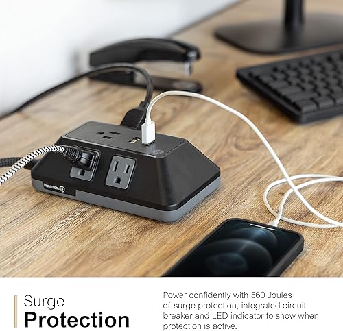 Miniatura 6 de GE UltraPro 73777 Protector de sobretensiones de 5 salidas con puertos USB, 2 puertos USB-A, 2.4A, cable trenzado de 3 pies, 560 julios, negro, 73777