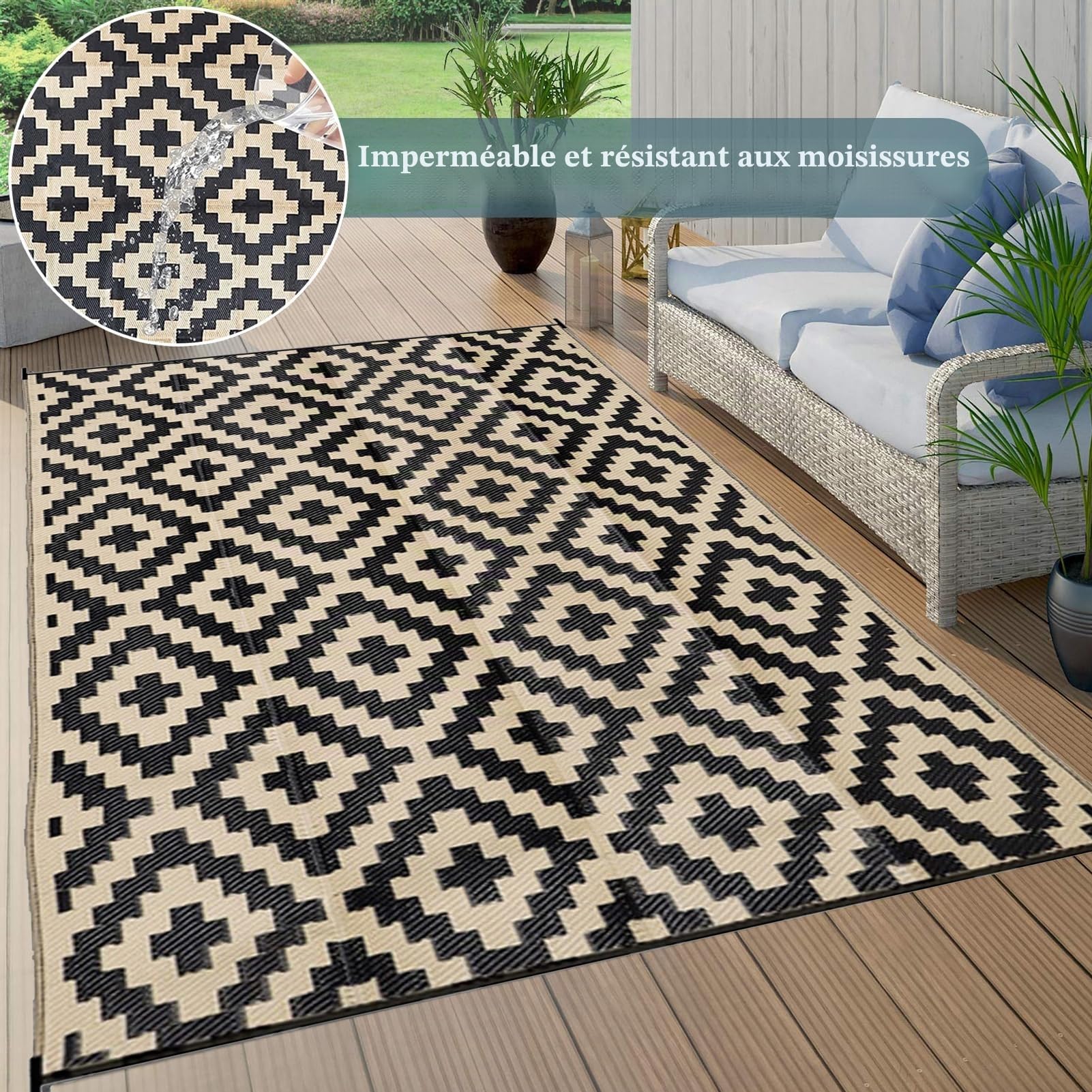 Tapis D'extérieur en Plastique Recyclé Tapis De Pique-Nique Imperméable 120X180cm Tapis Polypropylene Exterieur Portable pour Balcon, Terrasse, Jardin, Plage, Pique-Nique,Noir+Beige