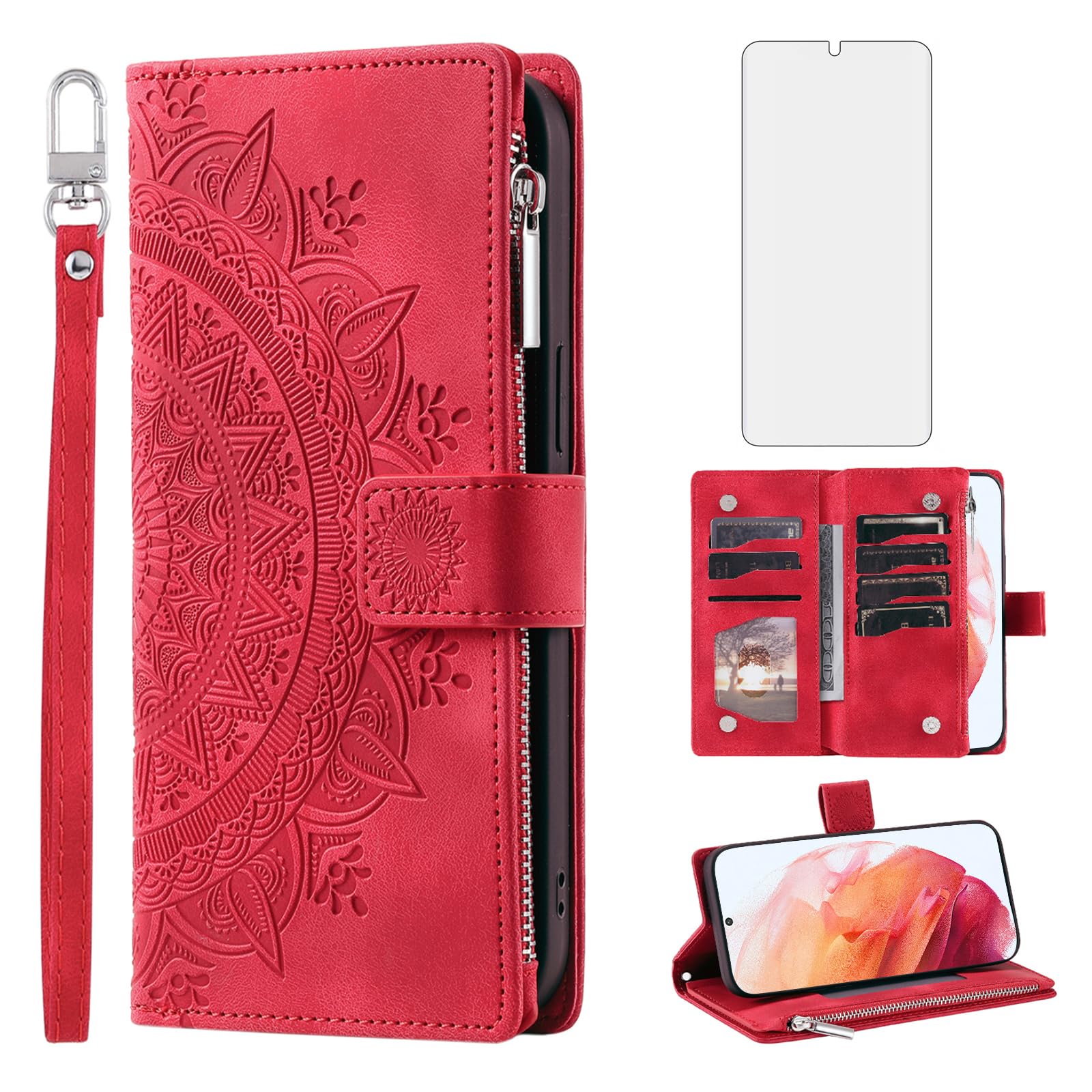 Asuwish Phone Case for Samsung Galaxy S21 Plus S21+ 5G Wallet Cover with Tempered Glass Screen Protector Mandala Flower Flip Zipper Card Holder Cell