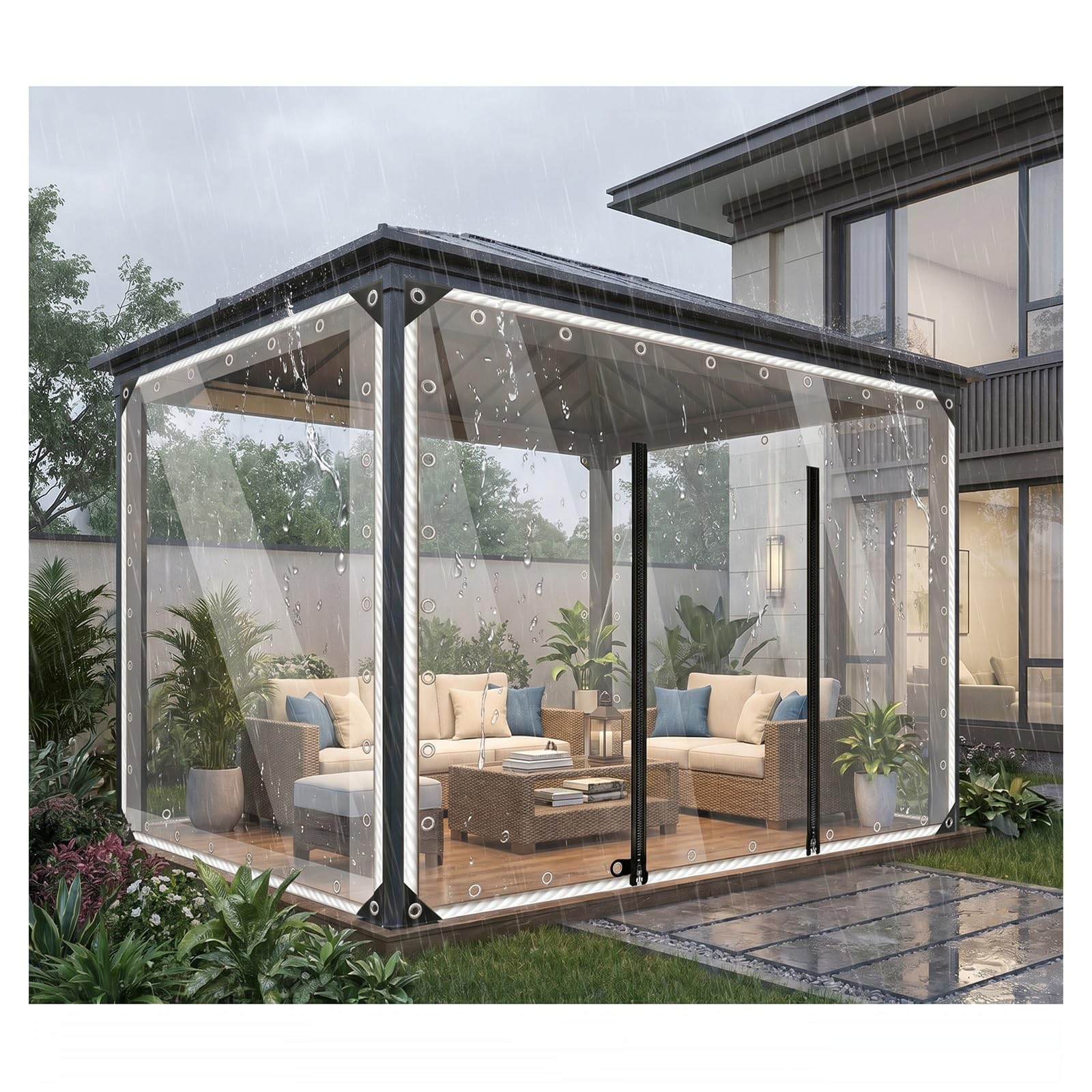 ZXCASDF Clear tarps heavy duty waterproof，PVC Clear Waterproof Tarpaulin Side Panels with Zipper，clear tarps with grommets，patio enclosure，terrace outdoor curtains(H2.4xW2.5m/H7.8xW8.2ft)