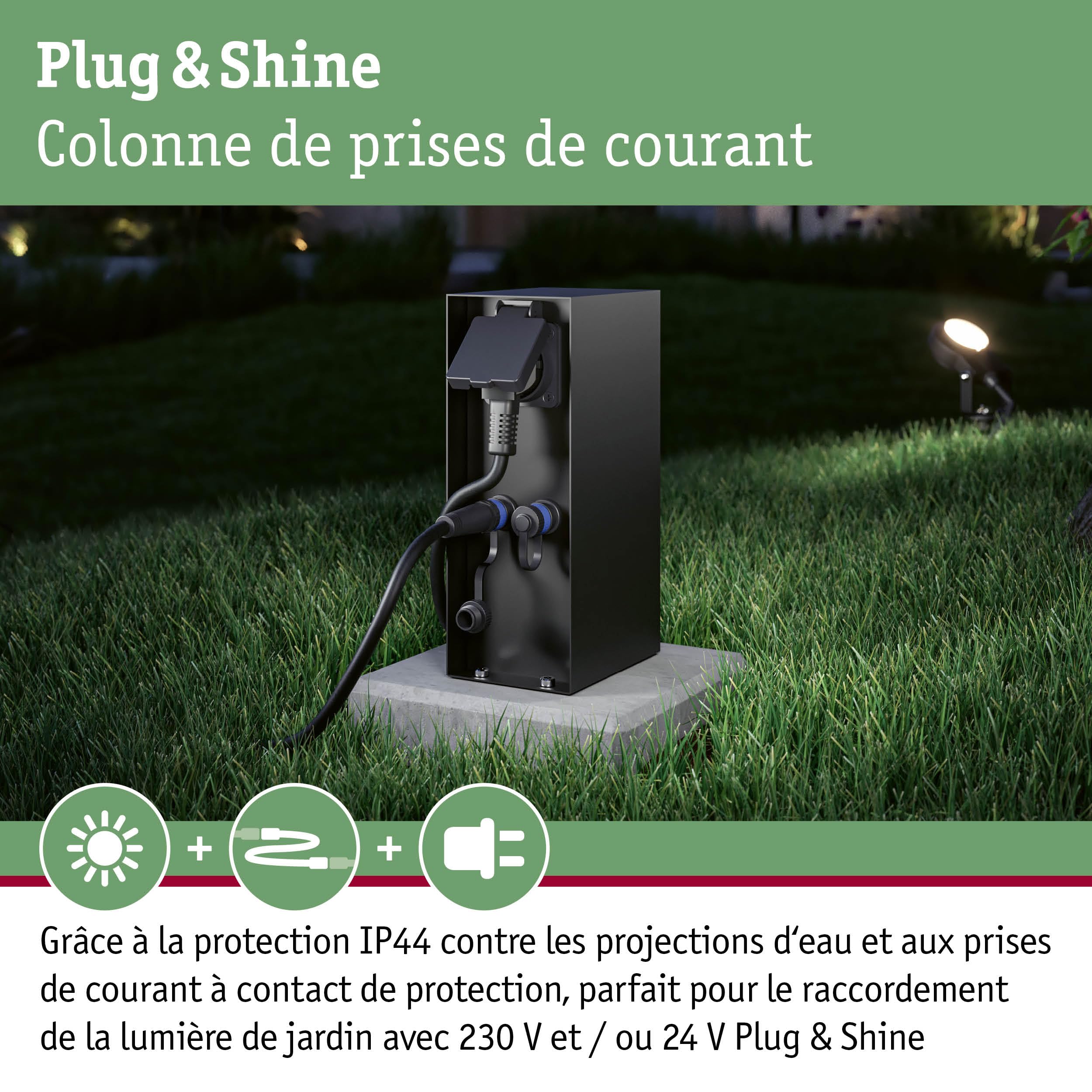 Paulmann 94700 Plug & Shine luminaire d'ext accessoire colonne prises Rio IP44 Anthracite syst éclairage jardin raccordements 2x230V 2x Plug&Shine 24V