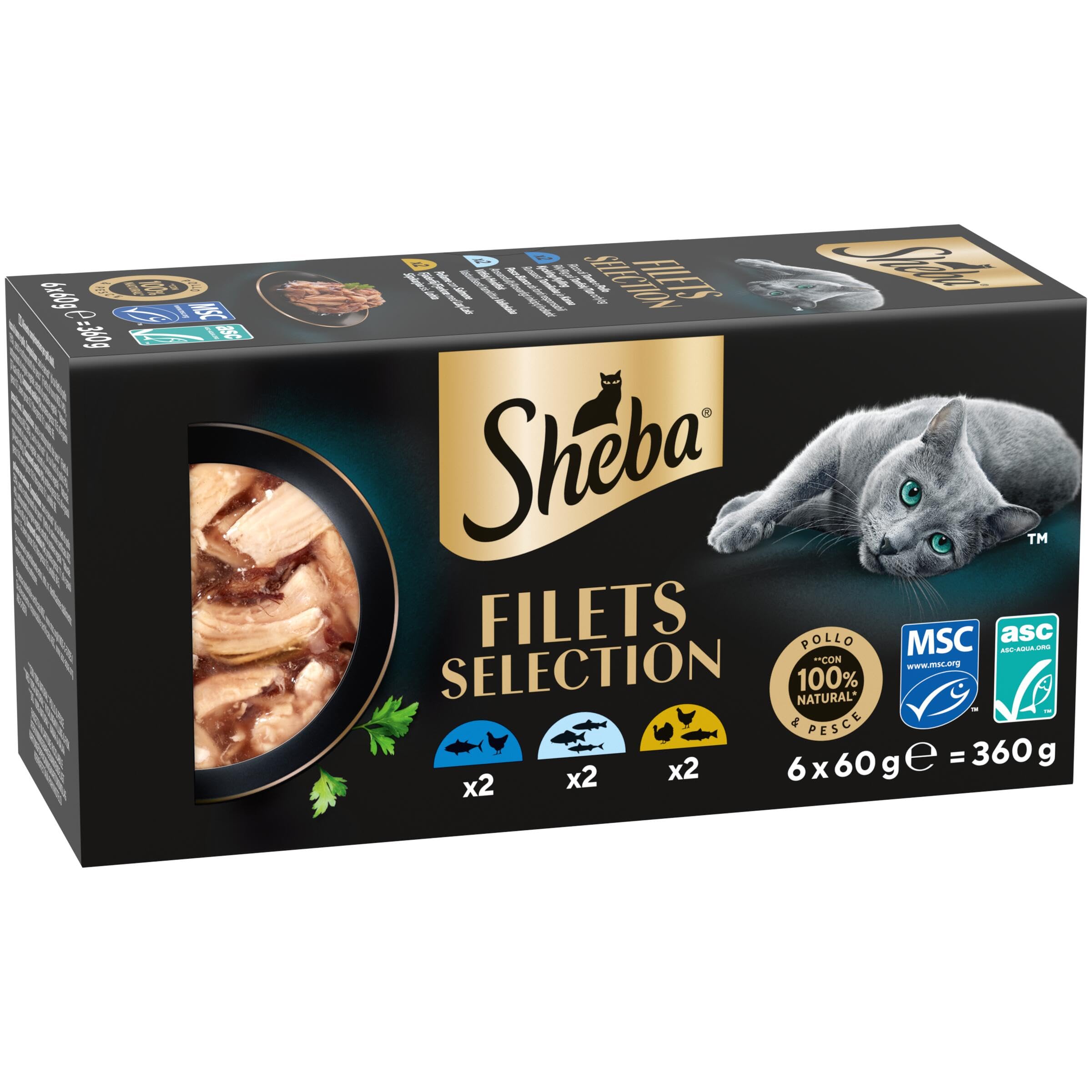 Cibo per gatti adulti SHEBA Filets gusti assortiti in salsa Vaschette 6x60g, confezione da 6