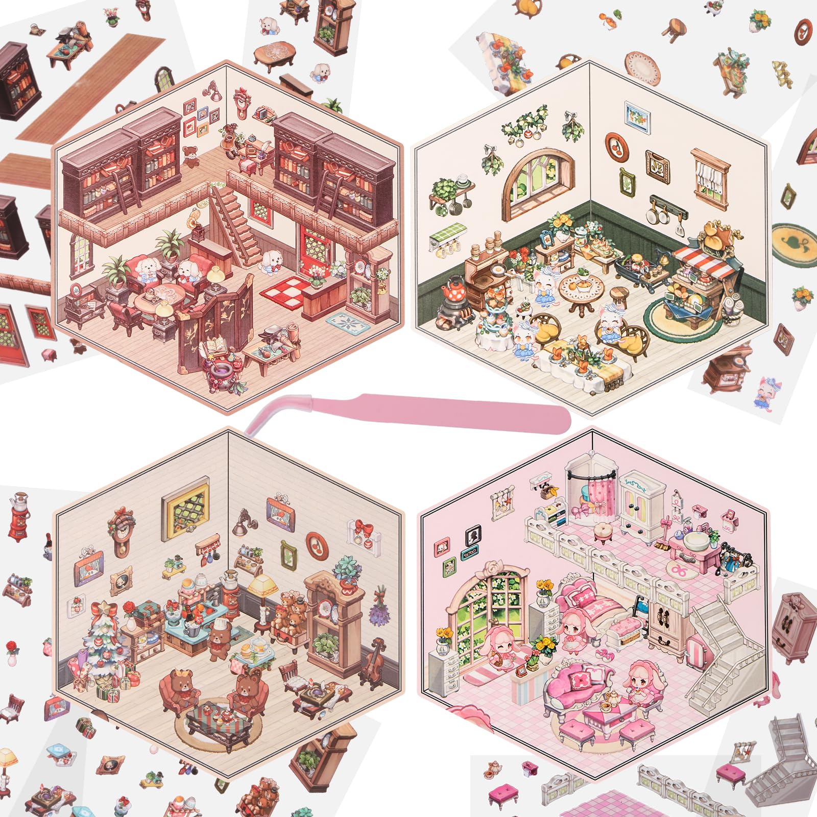 4Pcs DIY 3D Fun Mini House Stickers with Tweezers Make Your Own Mini Study Bedroom Christmas Party Scenes Craft Scrapbook Stickers for DIY Art Bullet Junk Journal Decor for Relief Stress Pass The Time