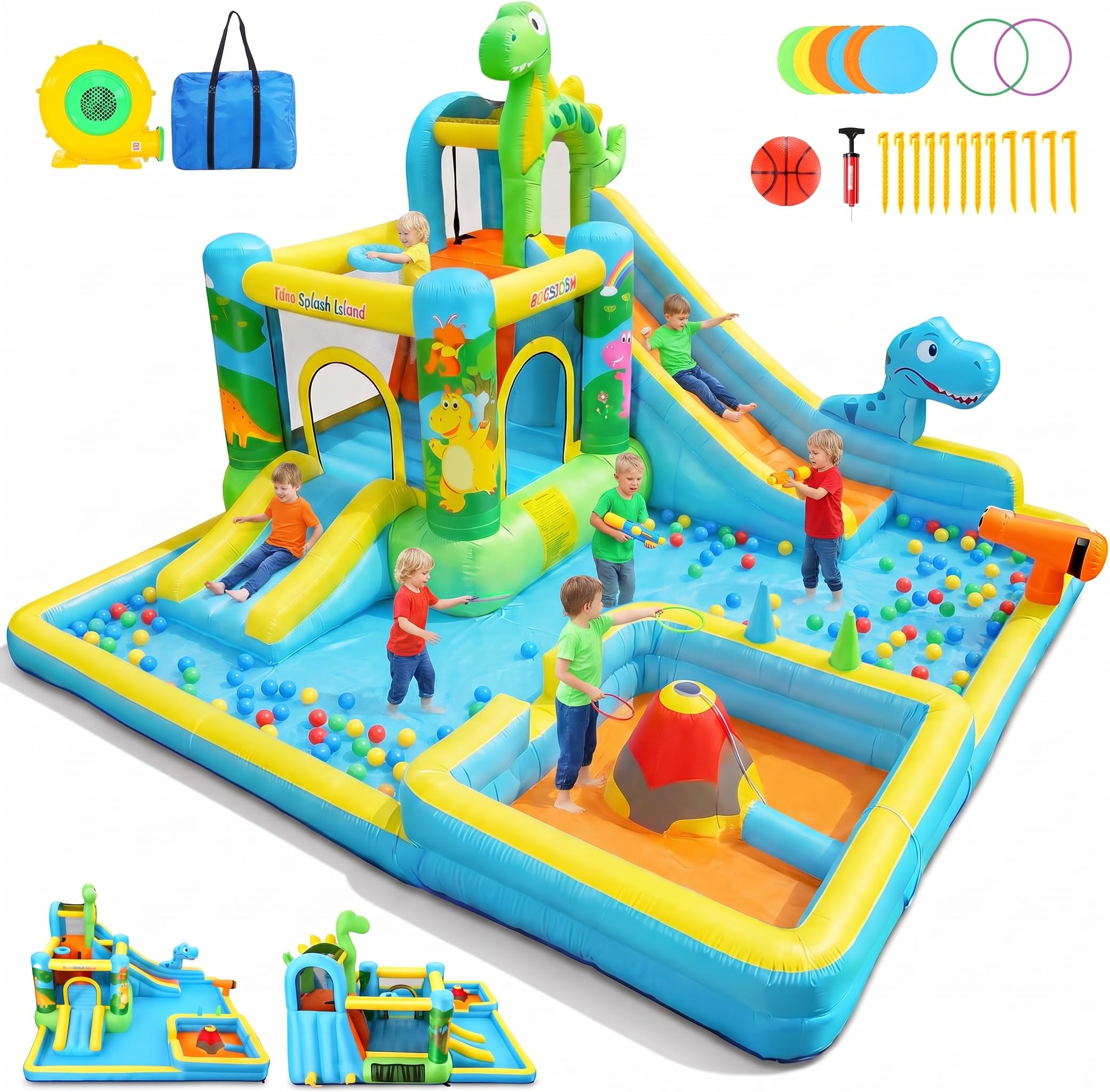 AKEYDIY Scivolo d'acqua gonfiabile, 13 in 1, parco acquatico con dinosauri per bambini dai 3 ai 12 anni, con due grandi piscine per bambini, scivolo lungo, gioco di lancio ad anelli, cannone ad acqua