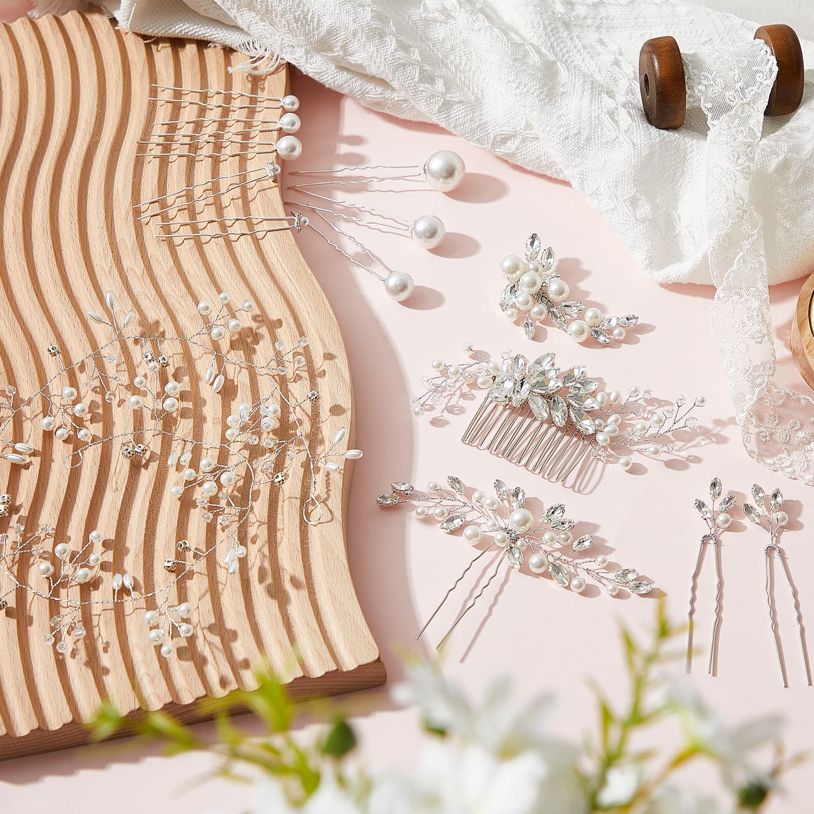 44 pezzi pettine per capelli da sposa, perle finte, accessori per capelli da sposa, fermagli laterali per capelli a forma di U, con strass, per sposa, damigella d'onore (stile fresco)