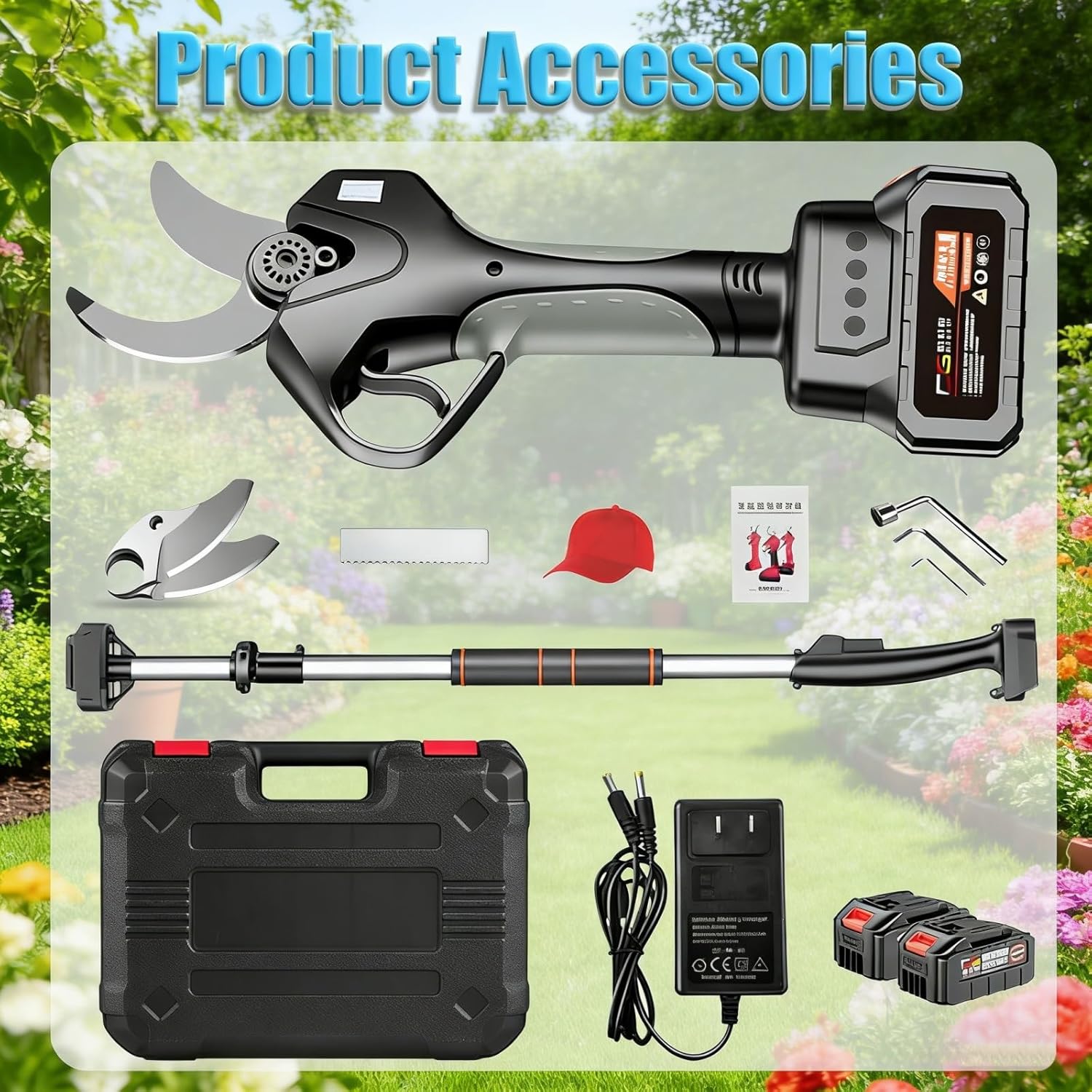 Cordless Pruner with Telescoping Pole, 1000W Electric Pruning Shears with 1.6 Inch Cutting Capacity, LCD Display, SK5 Blades, Tree Trimming Tools for Gardeners and Landscape Use(2Battery)