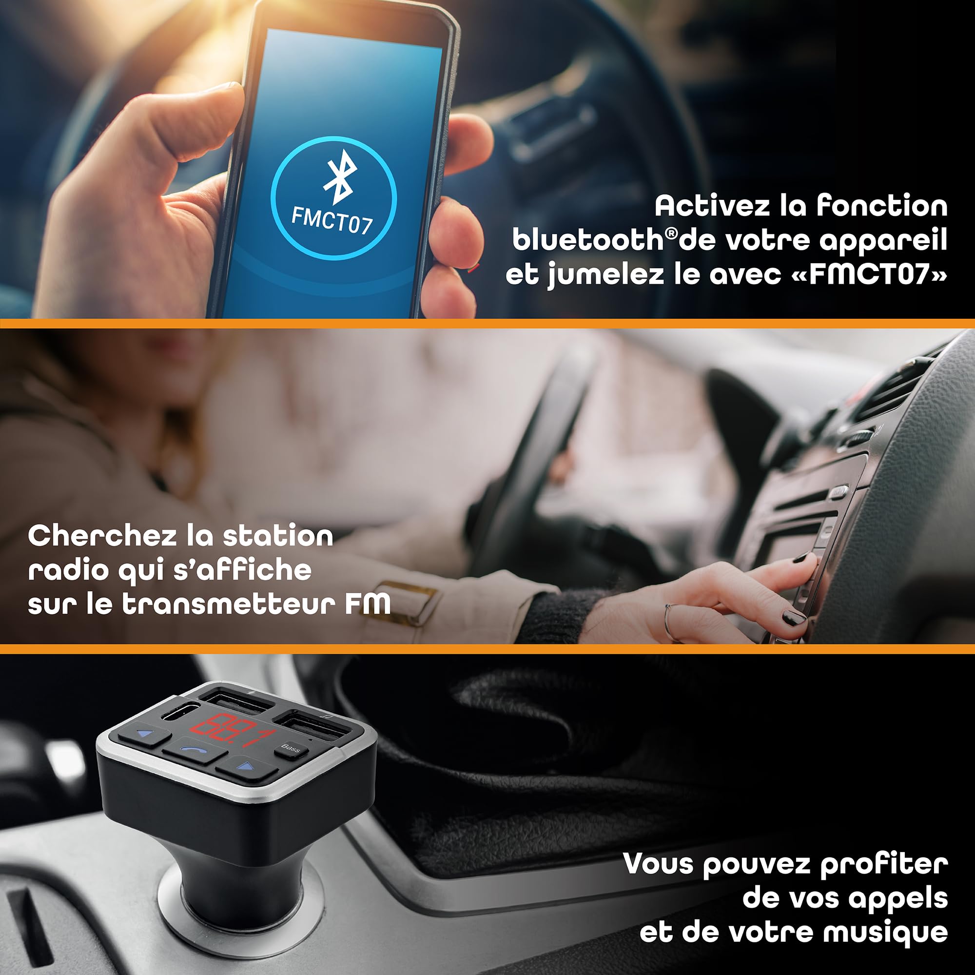 T'nB - Transmisor FM Bluetooth 3 en 1, kit de mano libre integrado, dos puertos USB-A Max y un puerto USB-C - Negro