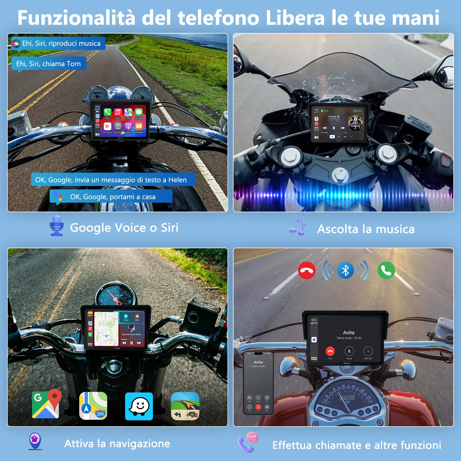 Carpuride W502 Carplay per Moto e Android Auto, Stereo Portatile per Auto Impermeabile IP67, Touchscreen IPS da 5 pollici, Navigazione/Siri per moto