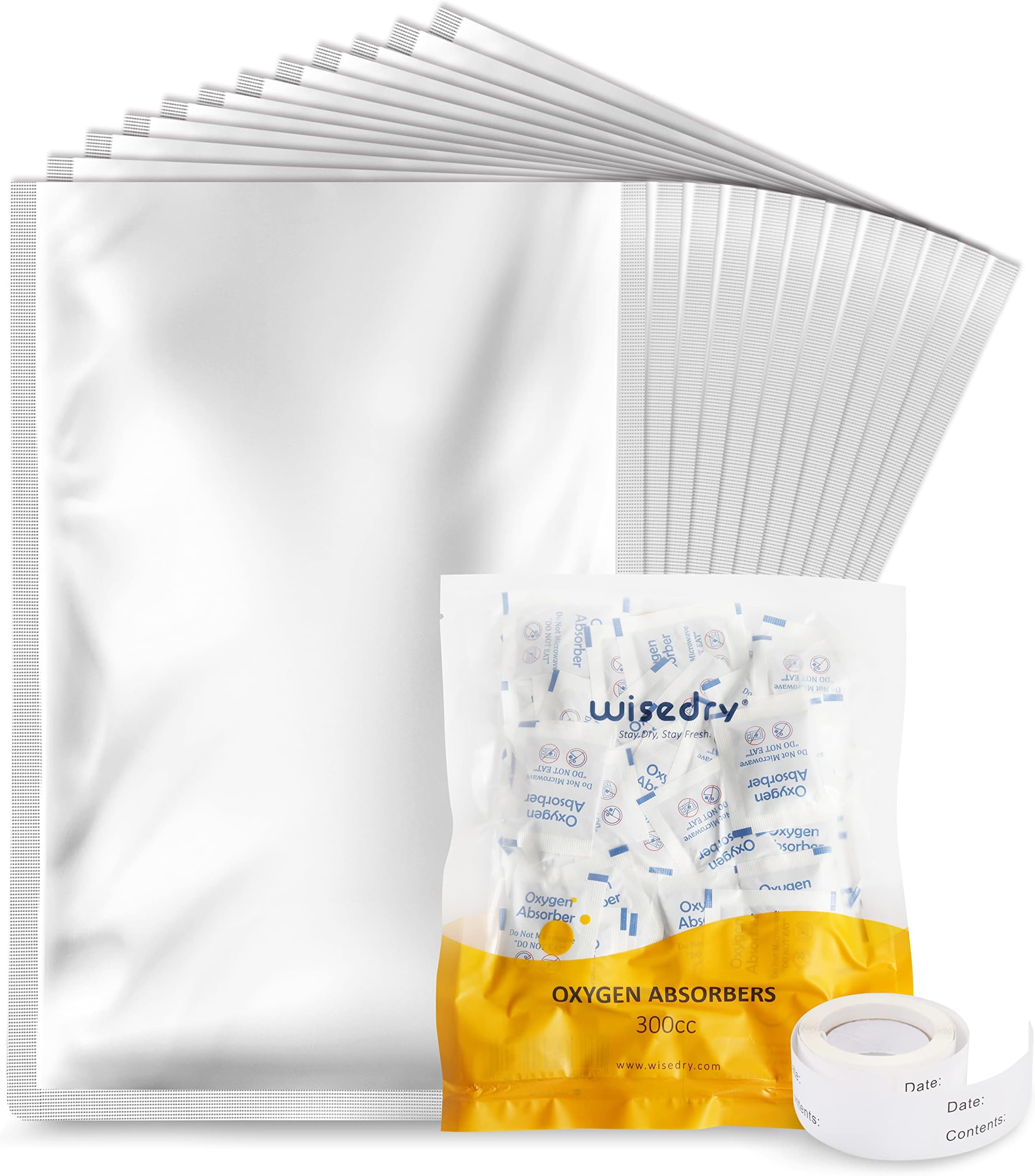 wisedry [100 Packs] 1-Gallon Mylar Bags (4 Mil, 15'x10') with 300cc Oxygen Absorbers Packets for Dehydrated Vegetables, Grains, Legumes and Emergency Long Term Food Storage, Food Grade