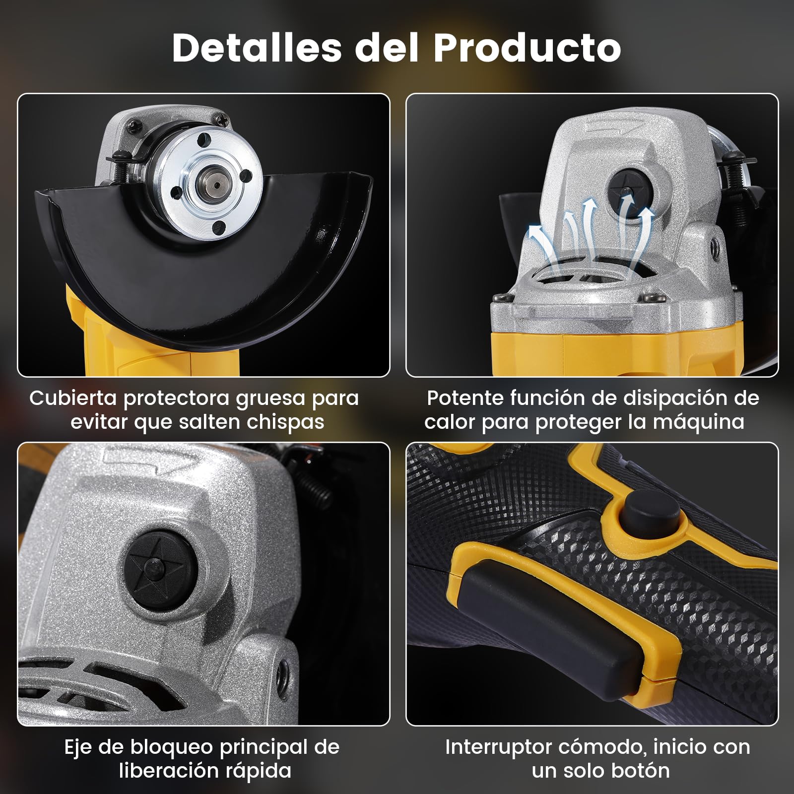 Geevorks Amoladora Angular de Batería de 125mm,21V Amoladora Angular sin Cable,9000rpm Motor Sin Escobillas, 4 Velocidades Regulables,2 Baterías,Empuñadura Auxiliar para Cortar, Moler