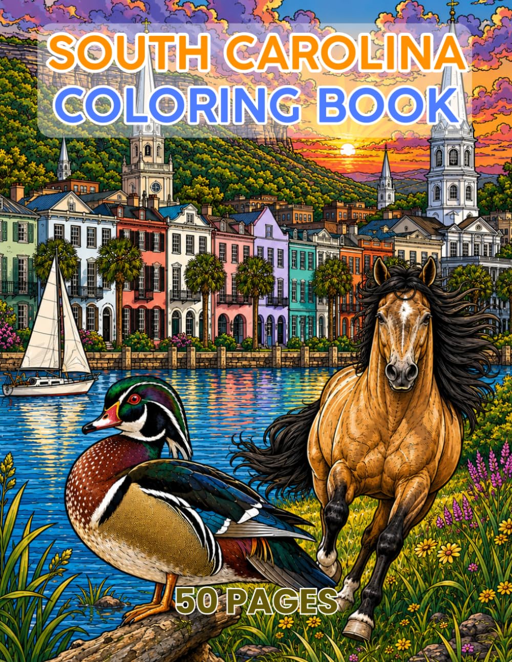 South Carolina Coloring Book 50 pages Single Sided: Landscapes, Landmarks, Sceneries