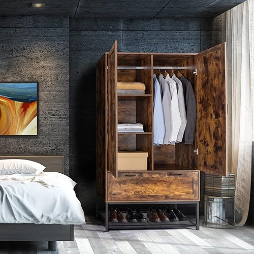 Miniatura 10 de VINGLI Armario Ropero Acanalado con Puertas y Cajones, Gabinete Armario con Barra para Colgar, Armario de Dormitorio de Madera de Roble, Armario