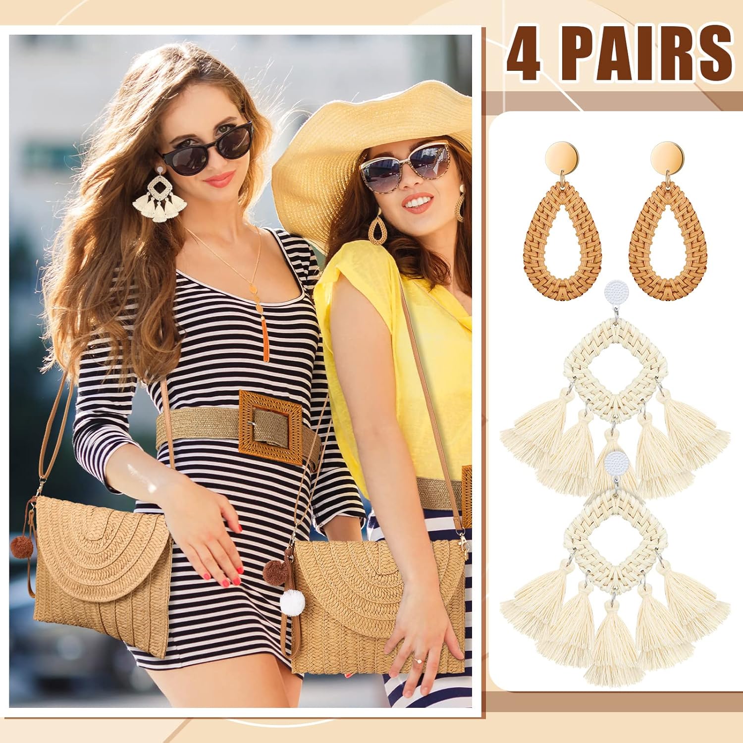 Yinkin 7 Pcs Women Beach Accessories Straw Bag Clutch Purse Summer Boho Rattan Earring Waist Belt Fringe Necklaces for Women
