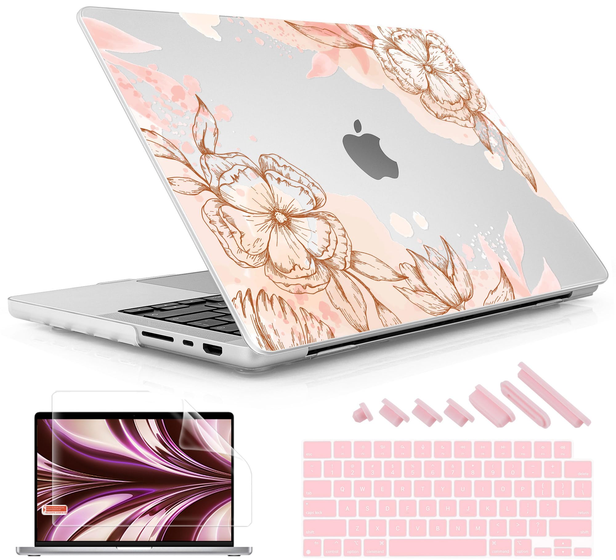 May Chen Case for M4 MacBook Pro 14 inch Models: M4 A3112 A3401 A3185, M3 A2918 A2992, M2 A2779, M1 A2442 2021-2024 Release, Surface Plastic Hard Shell Case & Keyboard Cover, Floral Elements