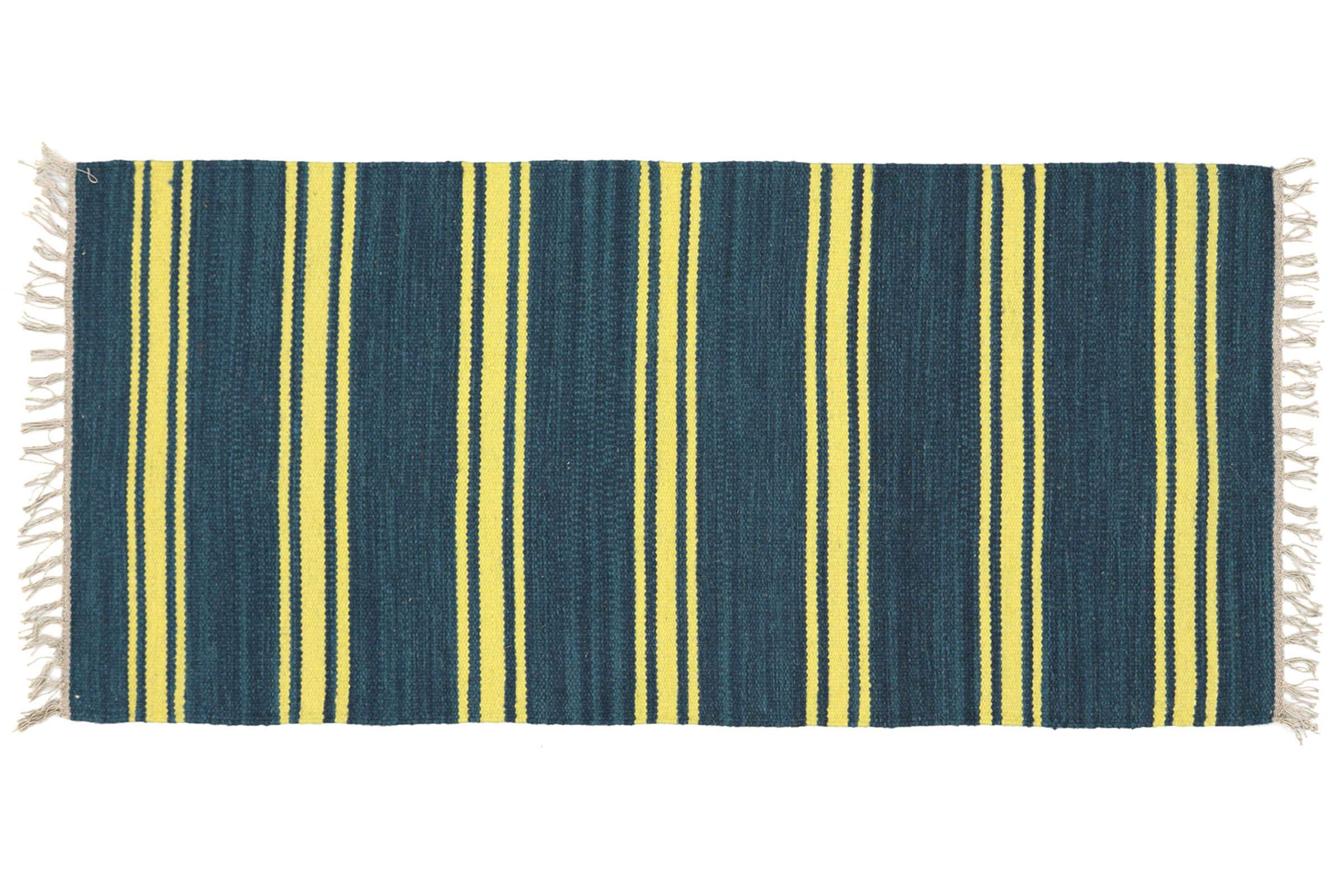 Kelim Tapis tissé à la main à rayures bleues 140 x 70 cm