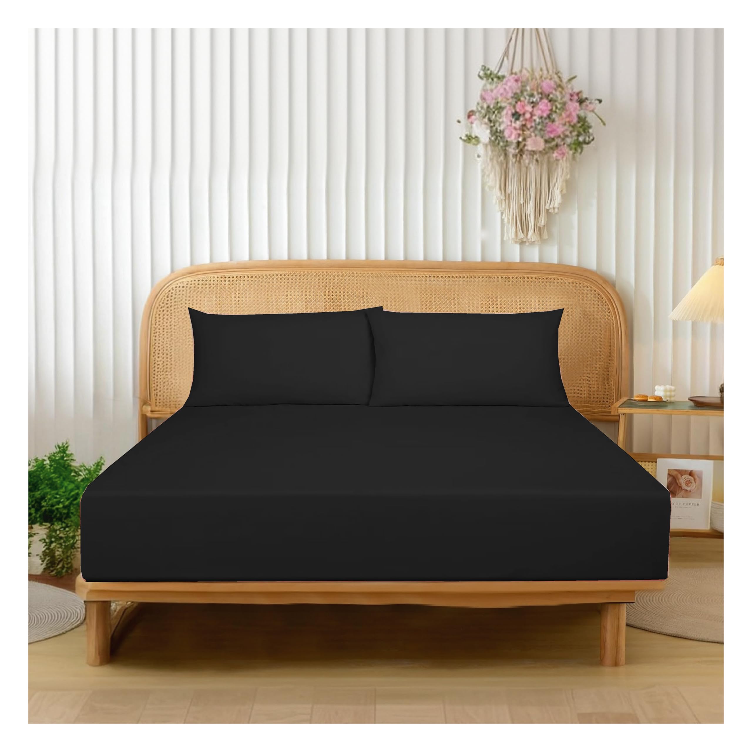 Funky Gadgets Double Fitted Sheets Black Extra Deep Pocket 16 Inch (40cm) 90 GSM Soft Brushed Microfiber Bed Sheets Easy Care Bottom Sheet (137 X 190cm)