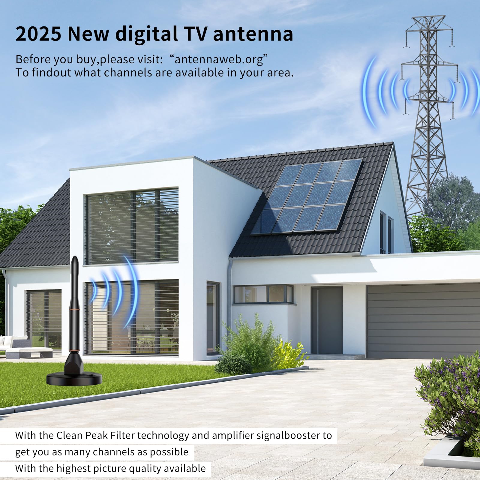 antenna tv interna amplificata potente, antenna tv portatile, portatile con base magnetica resistente, ricezione a lunga distanza supporta 4K 1080p VHF UHF DVB-T/DVB-T2