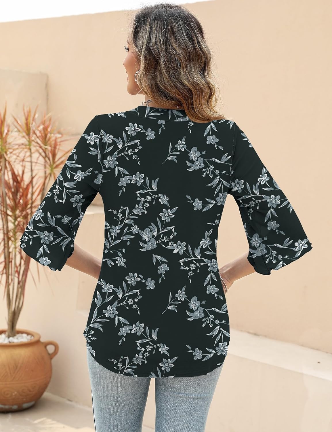 LUYAA Women's 3/4 Sleeve Blouses Tops V Neck Casual Dressy Double Layers Mesh Loose Fit Tunic Shirts - Image 4