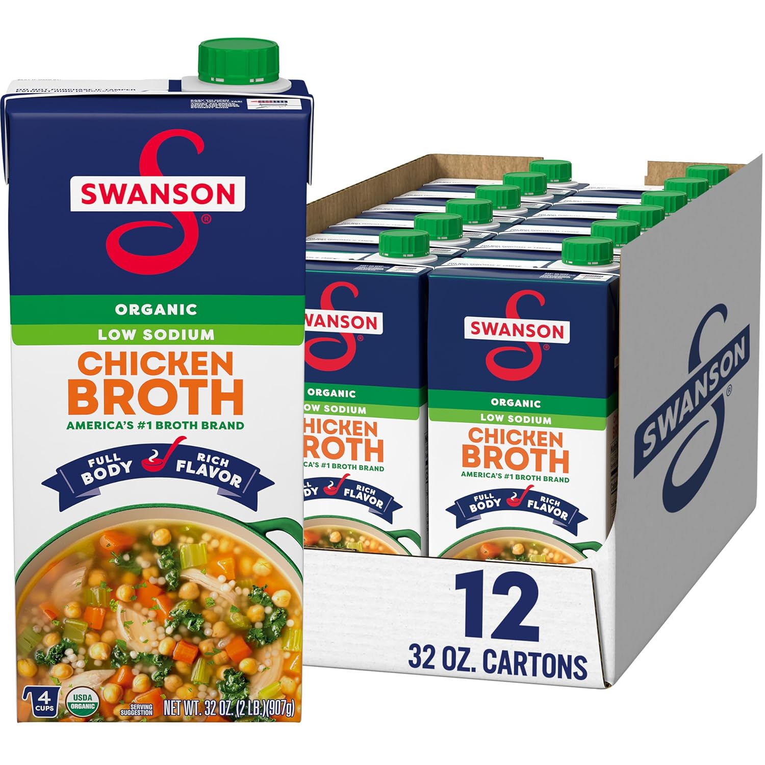 Swanson Low Sodium Organic Chicken Broth, 32 oz Carton (12 Pack)