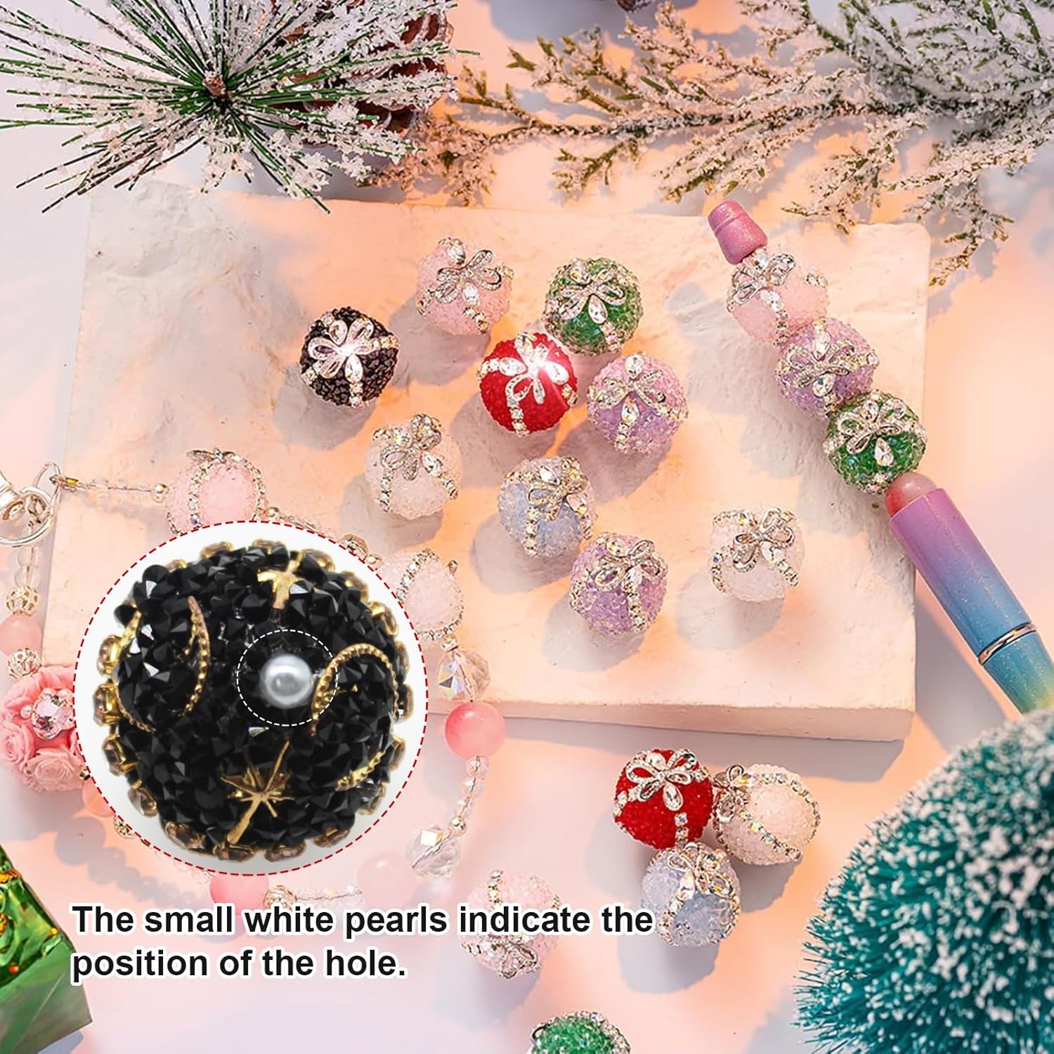 Decoendiy 16Pcs Rhinestone Focal Beads for Pens,Fancy Bling Glitter Sparkle Chunky Diamond Straight Hole Printed Star/Moon Acrylic Beads with Chain,for Jewelry Keychain DIY Making - Image 3