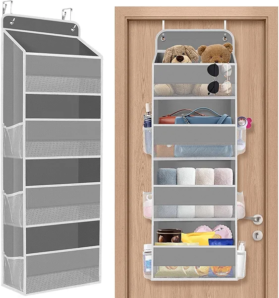 SpaceHacks 1 Pack Over The Door Organizer, Hanging Storage Organizer with Clear Window, 40lb Ultra Sturdy Large Capacity Room Organizer for Pantry Laundry Bathroom Nursery Closet Baby Essential (Grey)