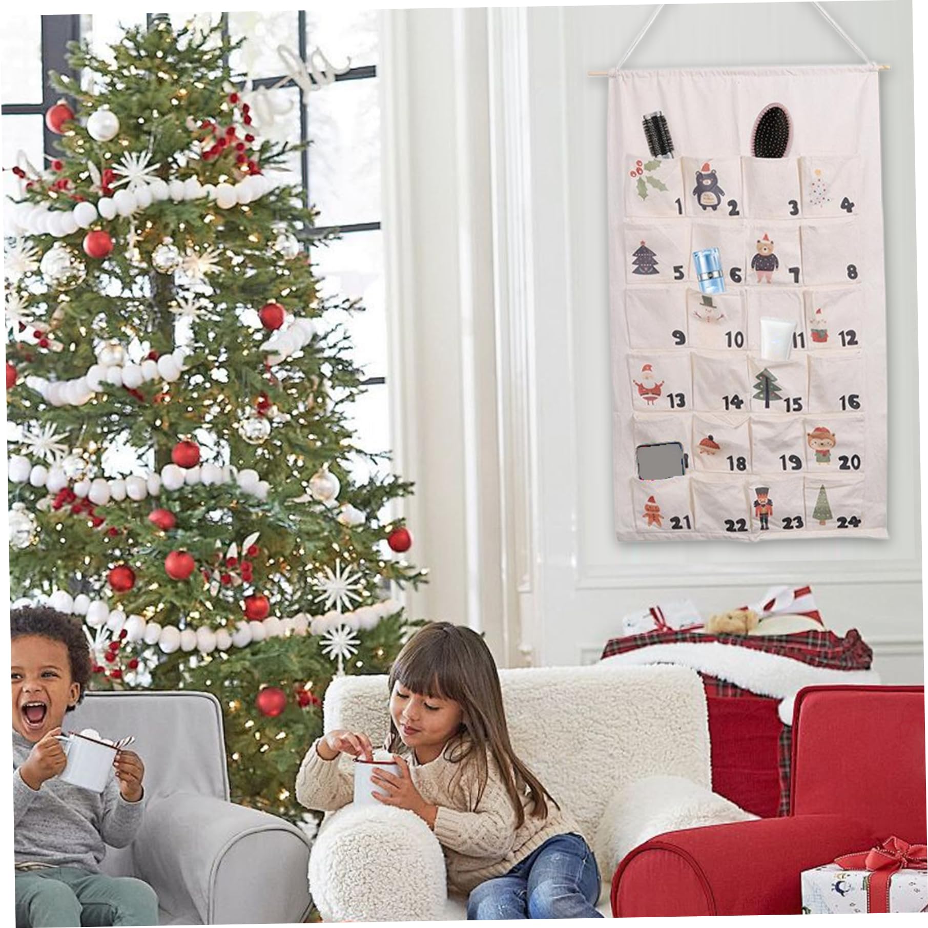 Gcroet Calendario dell'Avvento sospeso con 24 Tasche Calendario Avvento di Natale Organizzatore Portable Down -Portable per Decorazioni di Natale per Porte o pareti