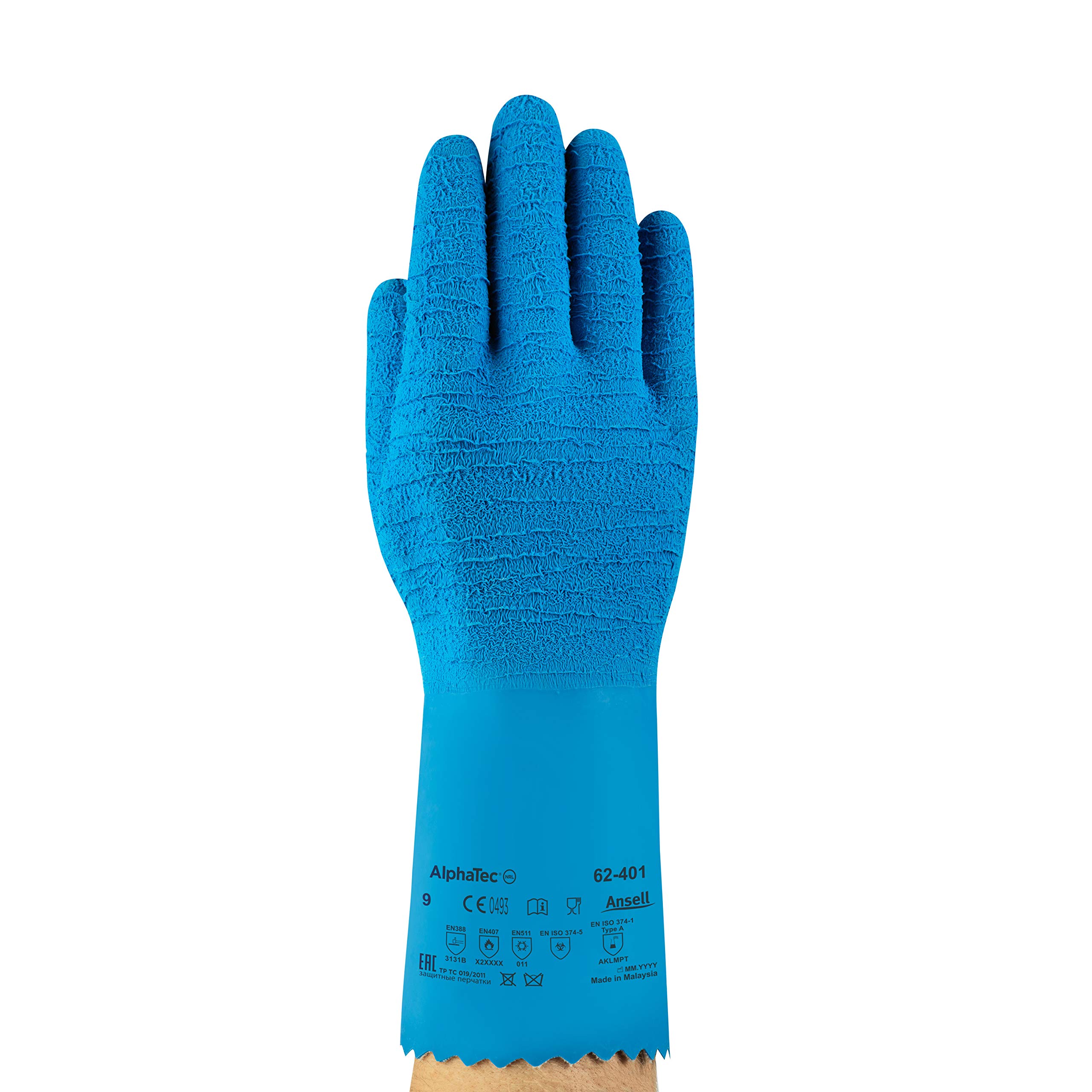 Ansell AlphaTec 62-401 Gants Jetables Latex, Protection Chimique et Mécanique, Comfort et Souplesse Elevés, Gant Usage Unique Haute Qualité, EPI Industriel, Bleu, Taille L (6 Paires)