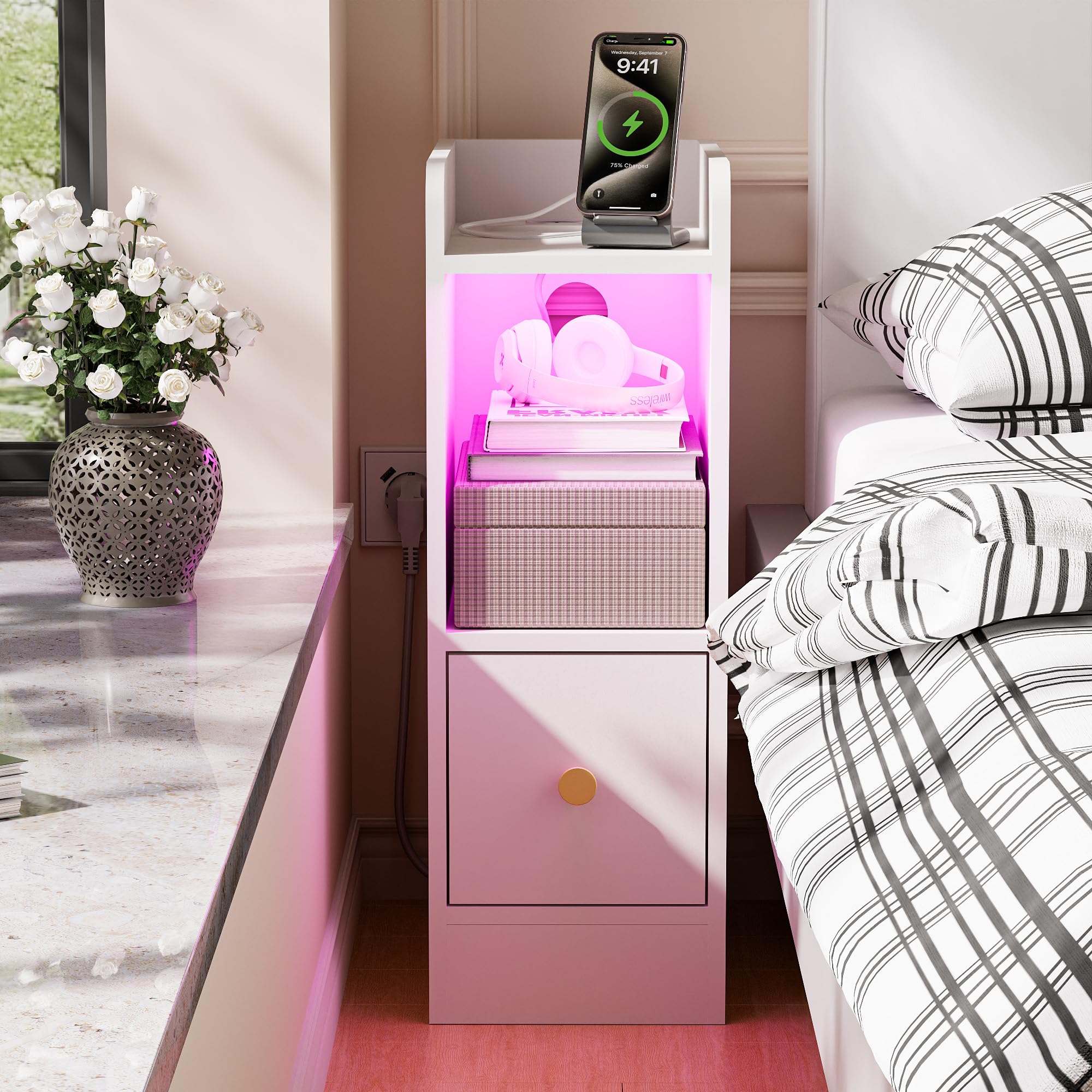 Ztexkee Slim Bedside Table with Power Socket Narrow Side End Tables with RGB Light Strip 20x31.5x58 cm Nightstand with 1 Drawer and 1 Compartments Bedside Tables for Bedroom, Living Room White