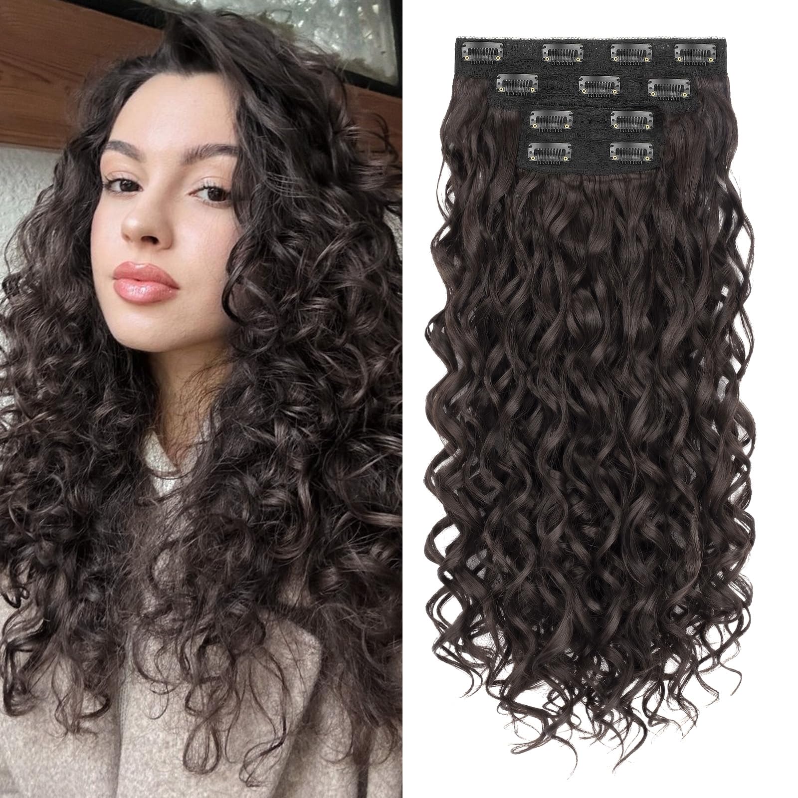 Photo 1 of Flvaco Curly Clip In Hair Extensions - 4PCS 20 Inch Dark Brown