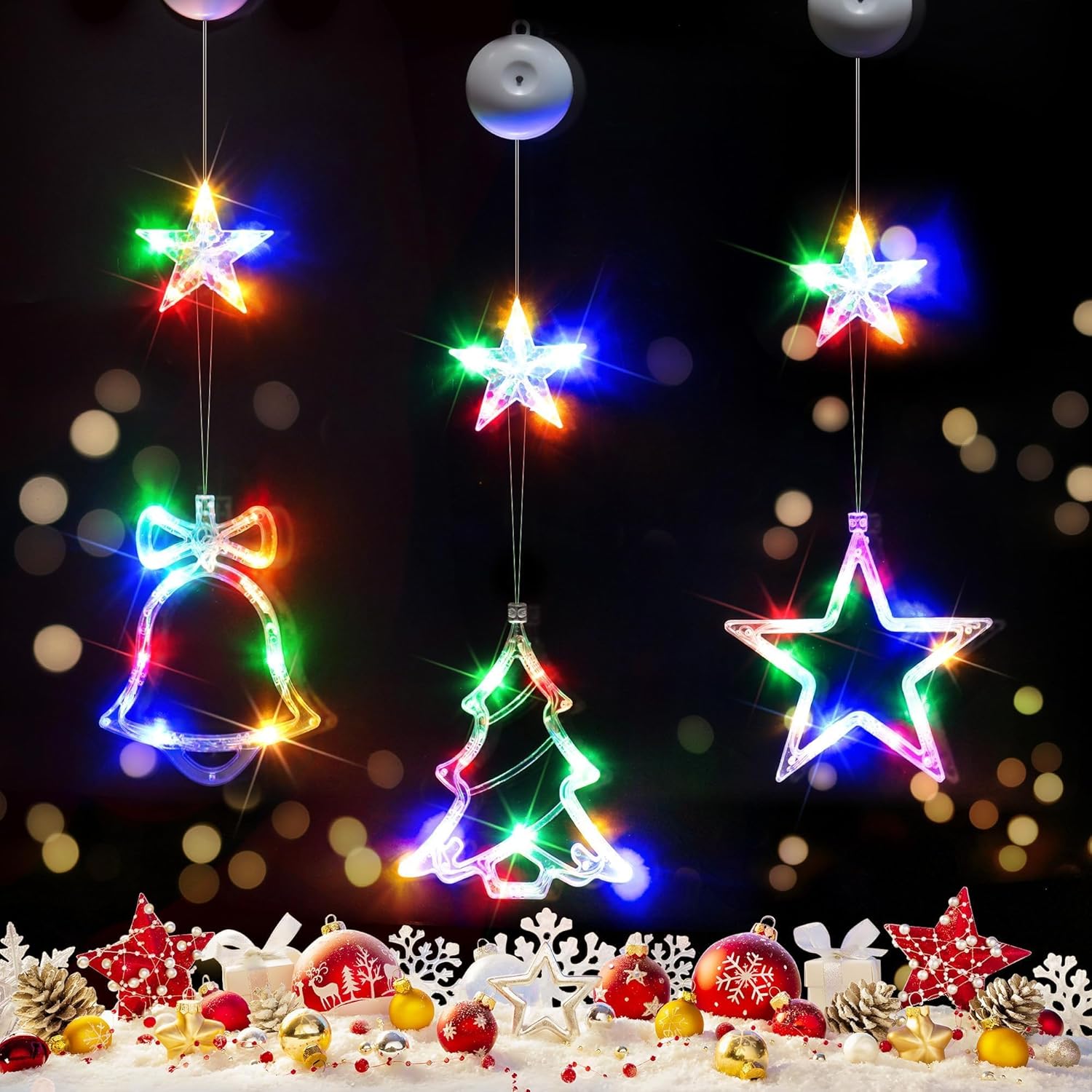 suddus 3Pcs Christmas Window Lights with Timer, Battery Operated LED Xmas Decorations with Suction Cup Hooks, Star, Bell & Tree Shaped Indoor Hanging Lights for Window Wall Holiday Party (Multicolor)