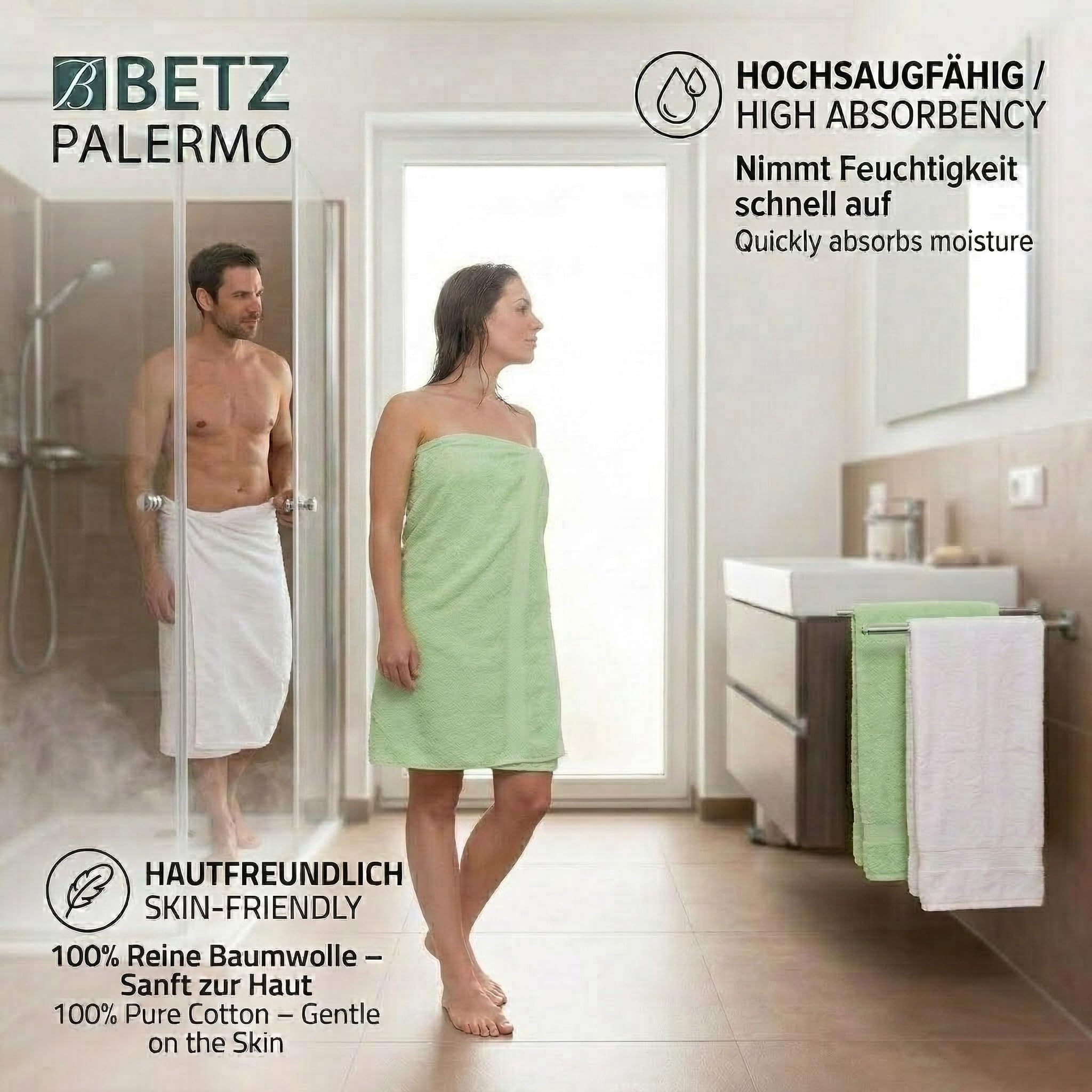 Betz 4 unidades toallas baño/ducha serie Palermo color blanco y verde tamaño:70x140cm 100% algodón de