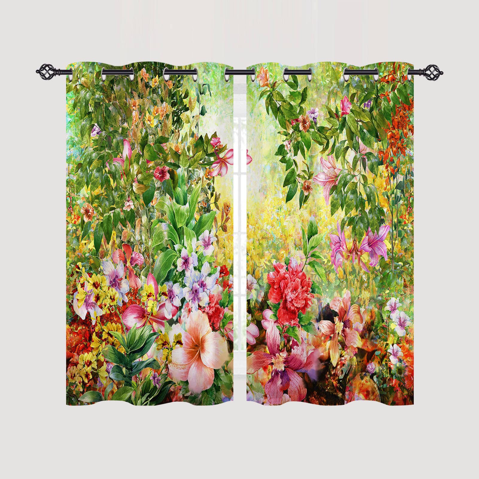 ANHOPE Floral Curtains Eyelet Soft Thermal Insulated Blackout Curtains Abstract Colorful Watercolor Flower Print Pattern Ring Top Window Drapes for Bedroom Living Room 46 x 54 Inch Drop 2 Panels - Image 2