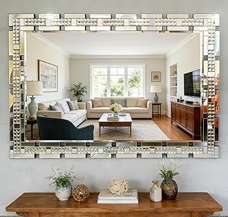 Chende 32" x 47" Crystal Large Wall Mirror Decor, Rectangular Large Living Room Mirror with Beveled Edge and Glass Frame, Entrance, Fireplace, Home Office, Horizontal/Vertical Hanging