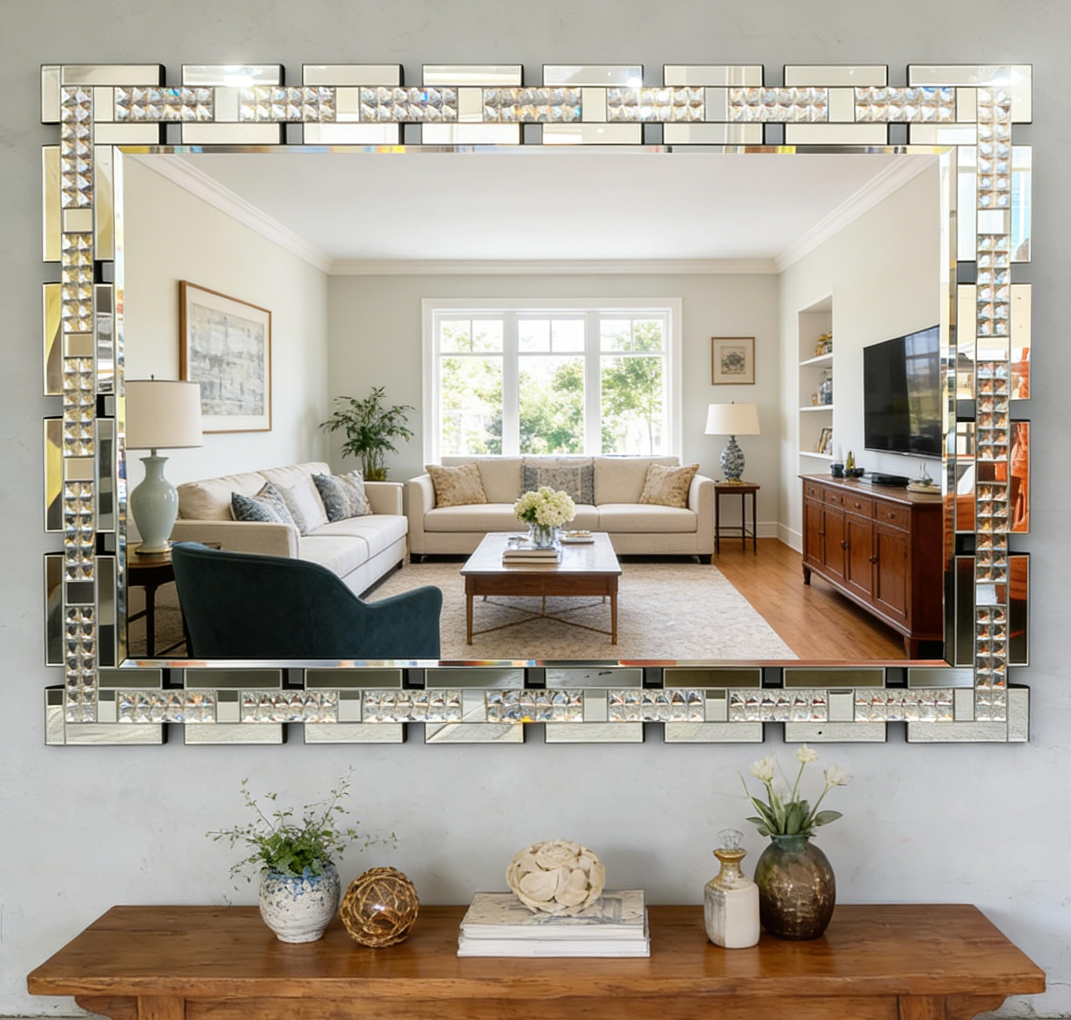 Chende 32" x 47" Crystal Large Wall Mirror Decor, Rectangular Large Living Room Mirror with Beveled Edge and Glass Frame, Entrance, Fireplace, Home Office, Horizontal/Vertical Hanging