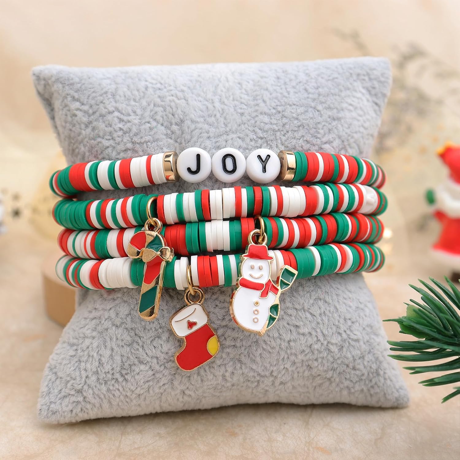 Christmas Clay Bracelets Stack Set for Women, Cute Charm Heishi Beaded Stretch Bracelets Holiday Festive Holiday Accessories Jewelry Gifts. - Image 5