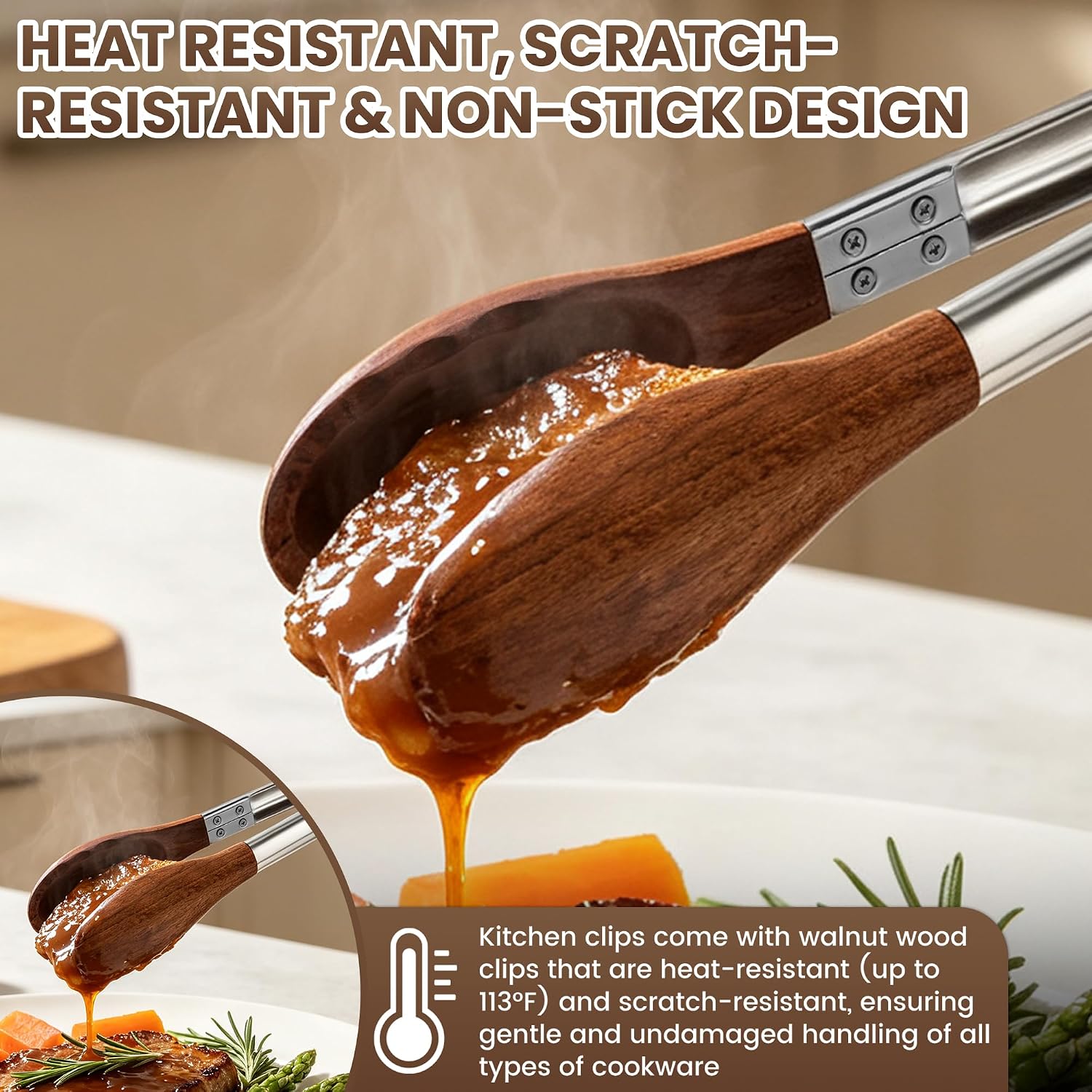 Wooden Tongs for Cooking - 9 Inch Nonstick Natural Walnut Wood Tongs