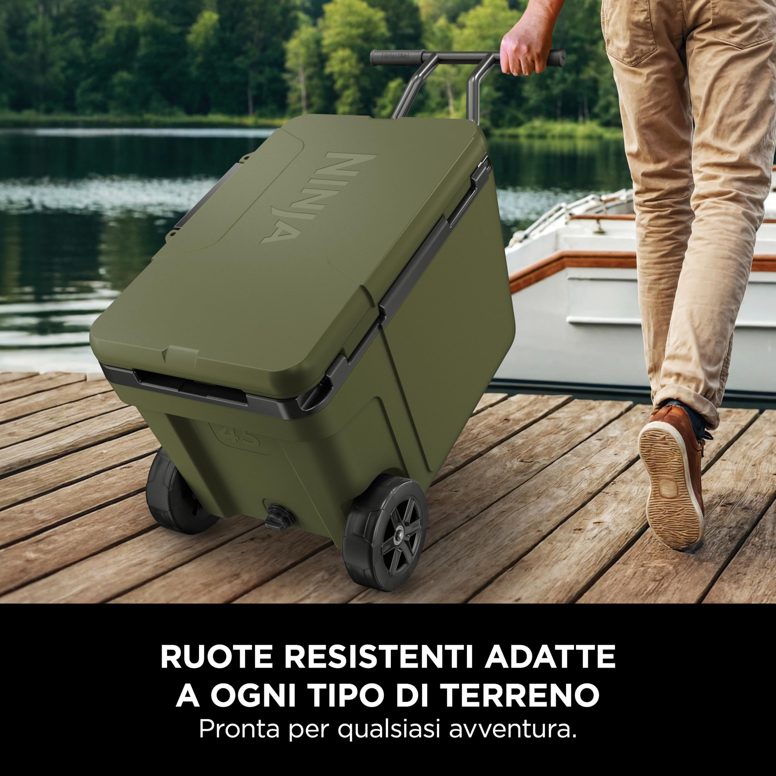 Ninja FrostVault, Ghiacciaia portatile isolante robusta, Verde | con borraccia Ninja Thirsti e mattonella refrigerante grande, con ruote e scomparto frigo integrato, FB245AMZEUUKGN