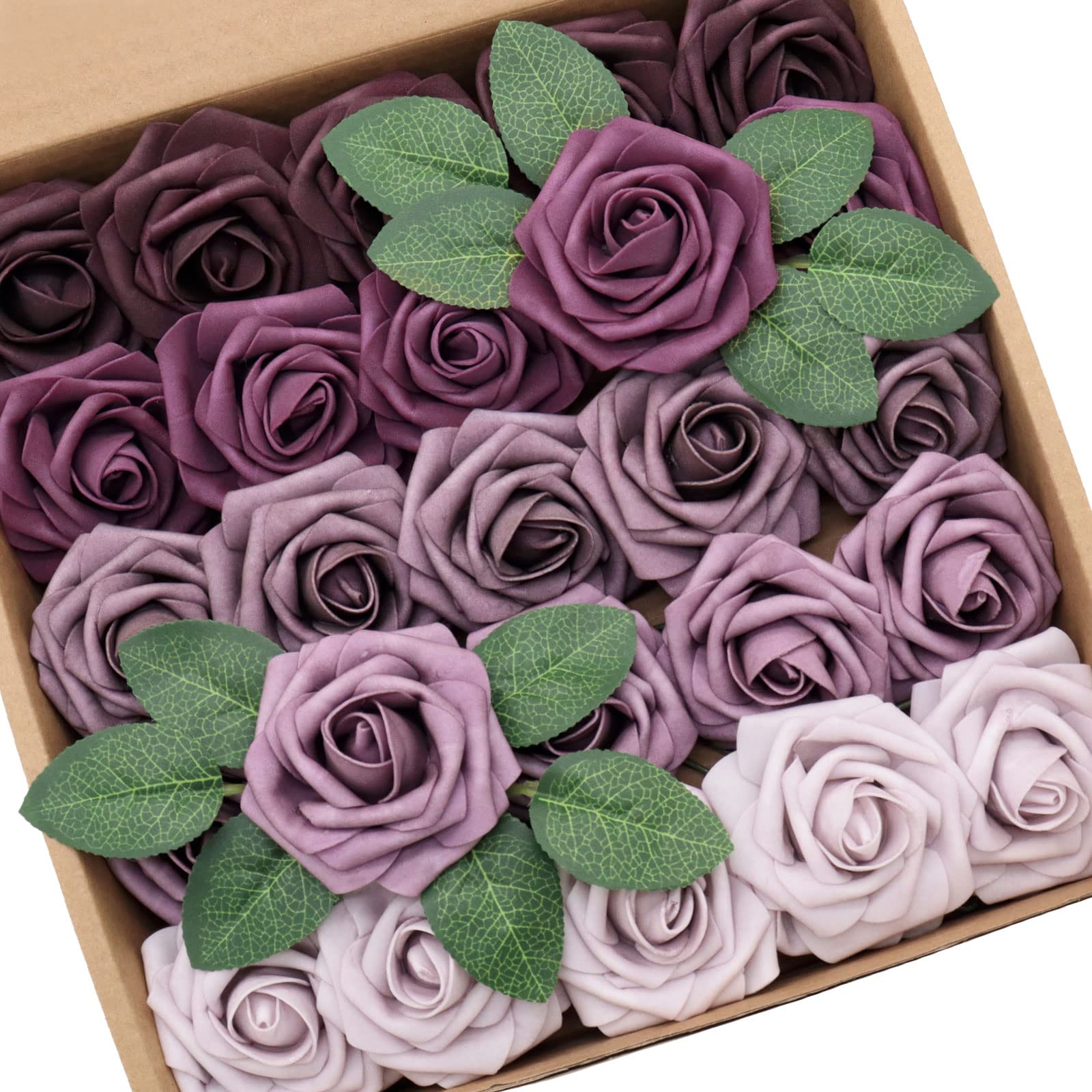 D-Seven Artificial Flower 25pcs Fake Roses with Stem for DIY Wedding Bouquets Floral Arrangements Wedding Flower Backdrop Bridal Shower Baby Shower Party Home Decor (Shades of Plum)