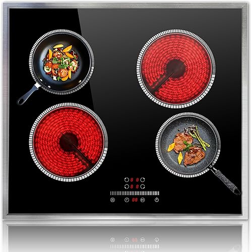 24 Inch Electric Cooktop 4 Burner Electric Stove, 24" Built-in Ceramic Stovetop with Slide Control, Timer, Child Lock, 9 Heating Level, 6000W, 220-240v, No Plug, Hard Wire